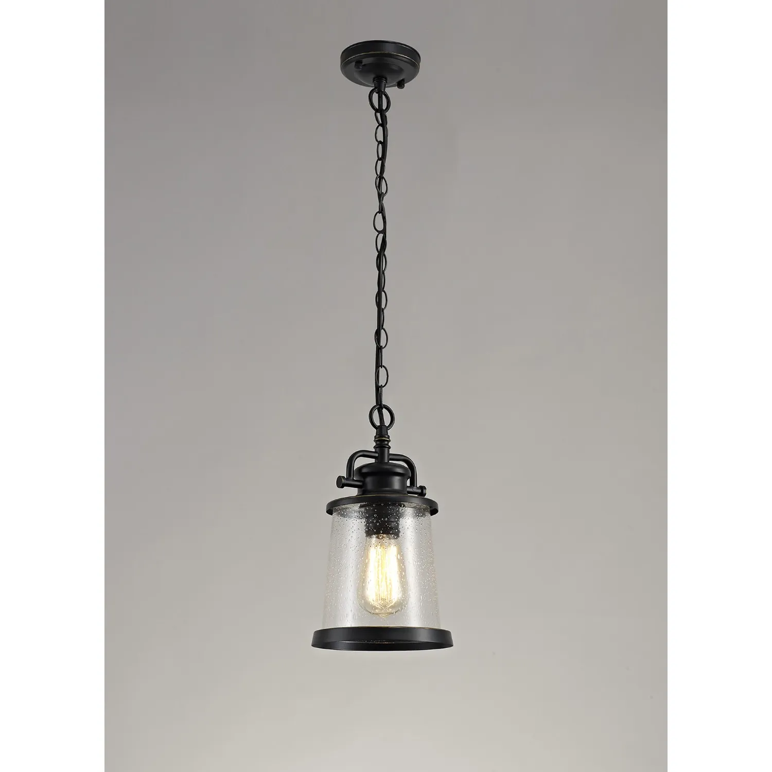 Wandsworth Pendant, 1 x E27, Black Gold With Seeded Clear Glass, IP54, 2yrs Warranty