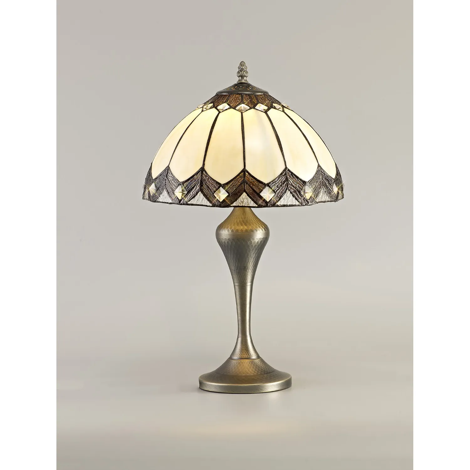 Merton Tiffany Table Lamp, 1 x E27, Aged Antique Brass Base Cream Brown Glass Clear Crystal