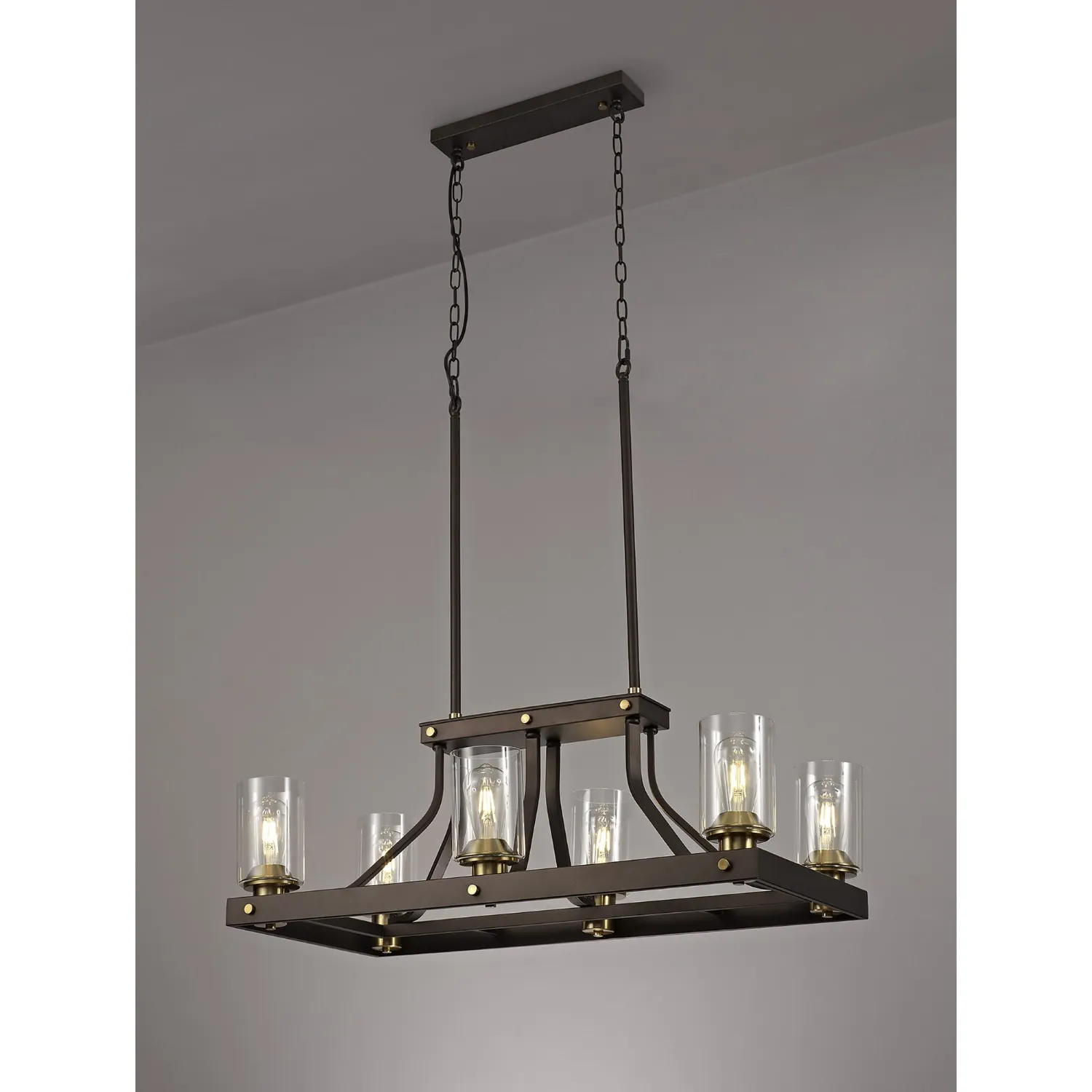 Kennington Linear Pendant 6 Light E27, Brown Oxide Gold Bronze With Clear Glass Shades