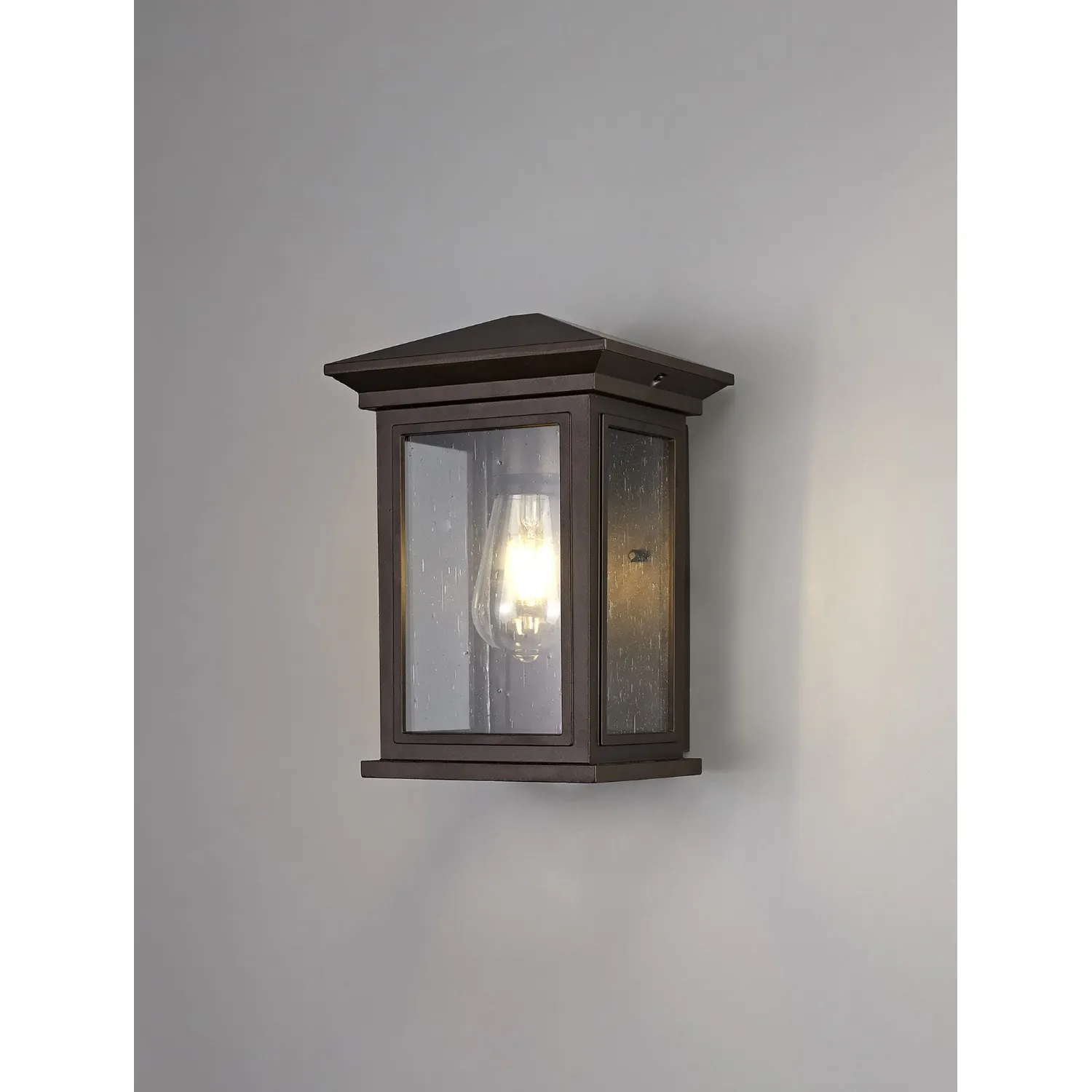 Lewes Flush Wall Lamp, 1 x E27, IP54, Antique Bronze Clear Seeded Glass, 2yrs Warranty