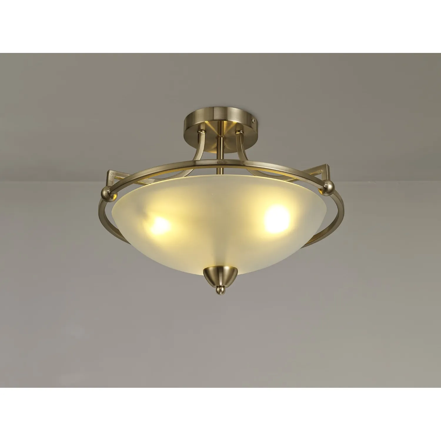 Henfield Semi Flush Ceiling, 3 Light E27, Antique Brass Frosted Glass