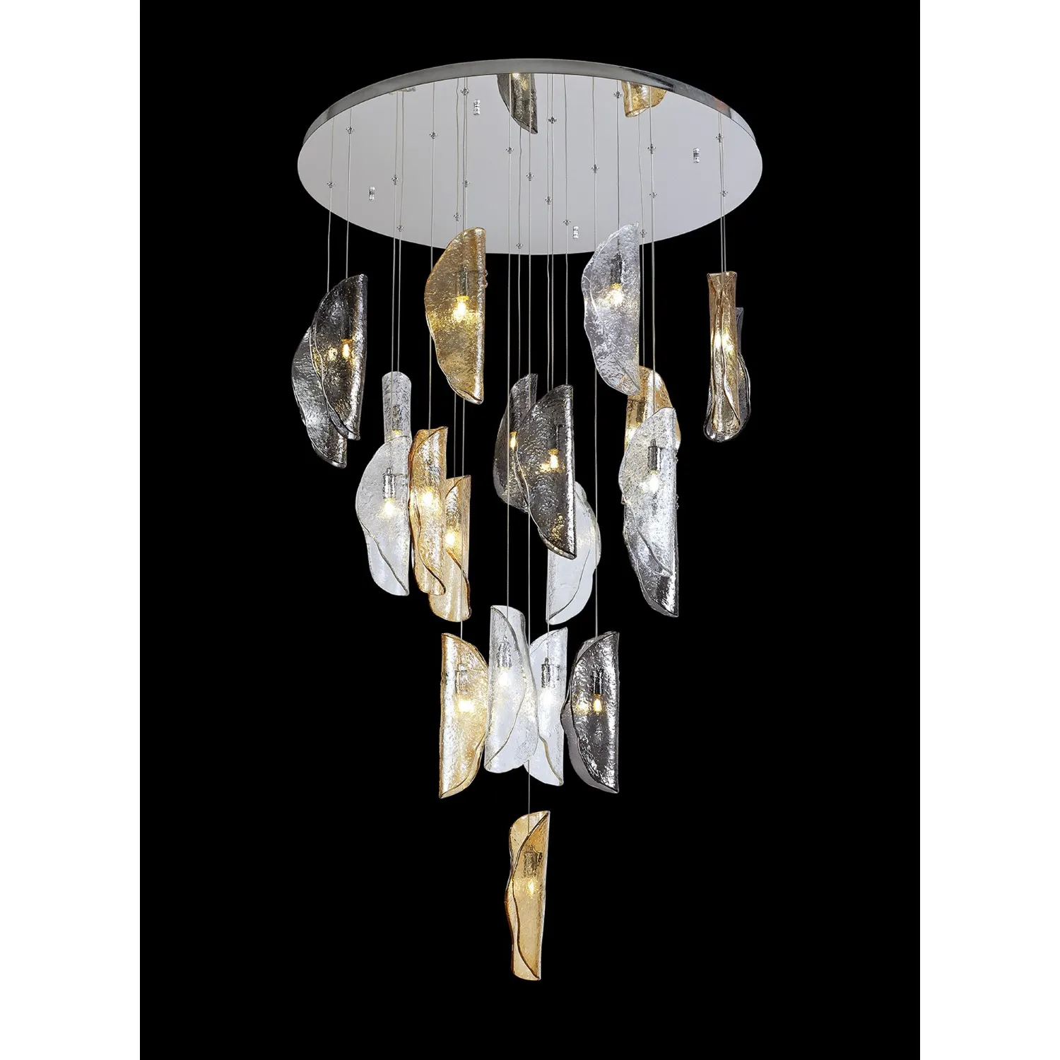 Loughton Pendant 5m, 21 x G9, Polished Chrome Clear And Amber And Smoked Glass Item Weight: 28.1kg