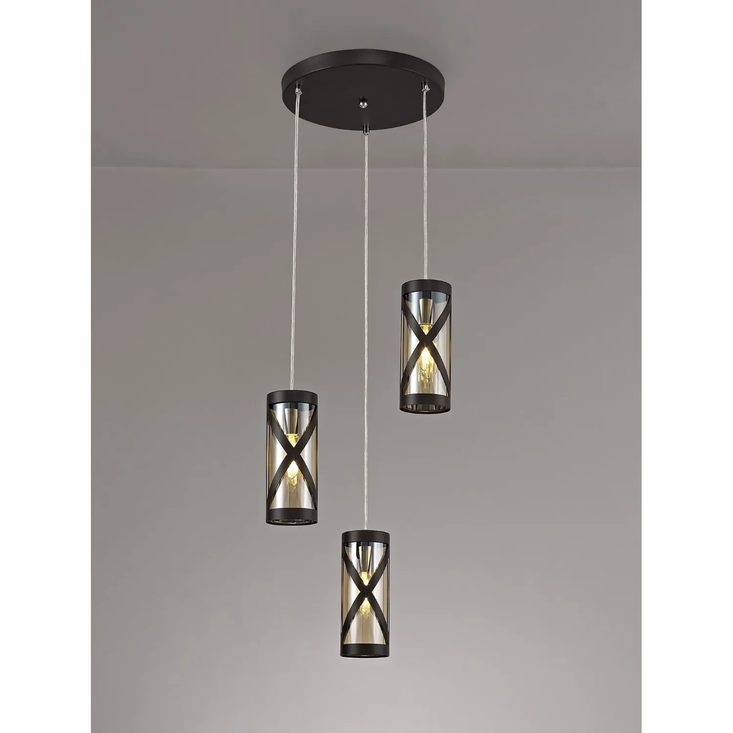 Oxted 3 Light Round Pendant E14, Oiled Bronze Polished Chrome Amber
