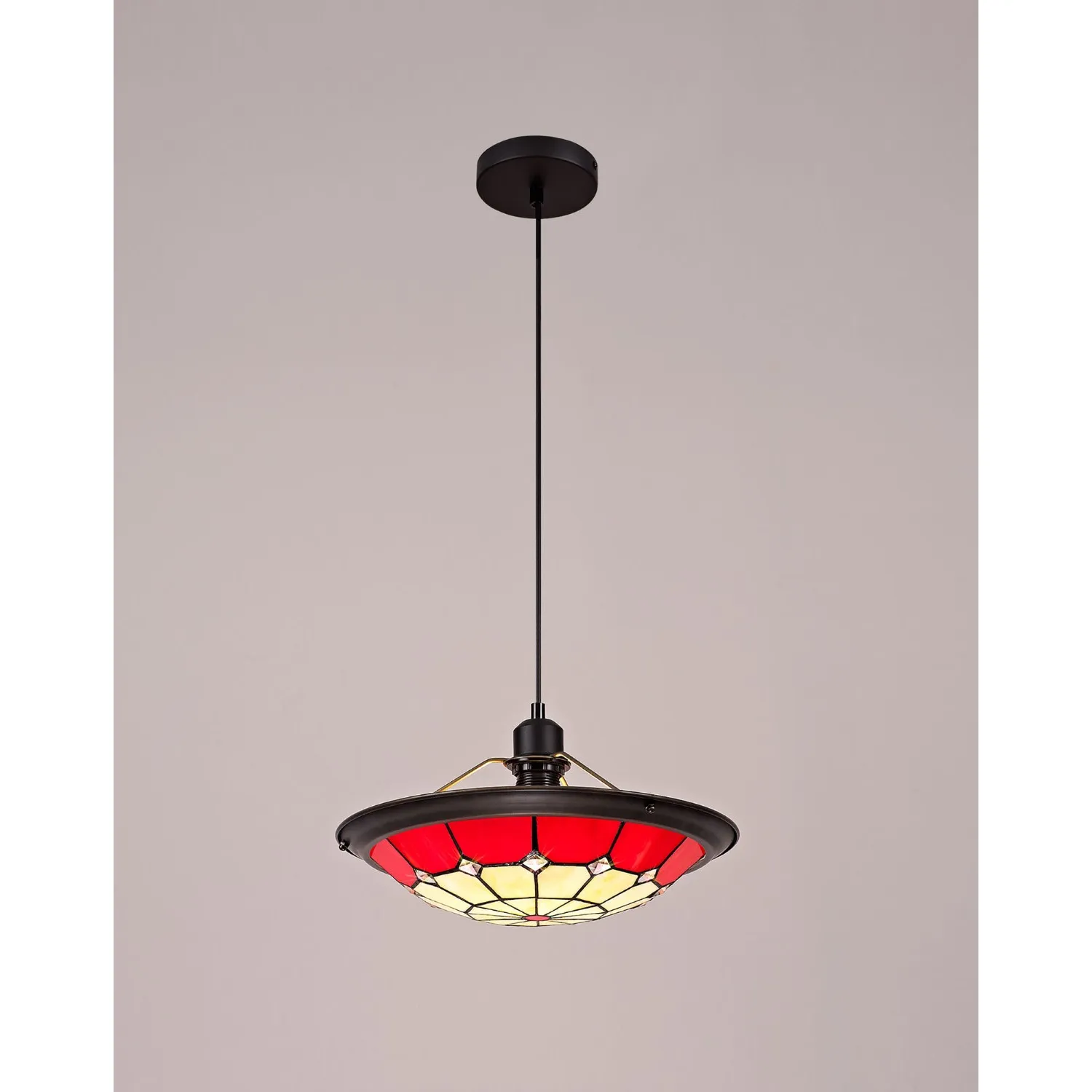 Hampshire 1 Light Pendant E27 With 35cm Tiffany Shade, Cream Red Clear Crystal Centre Aged Antique Brass Trim Black