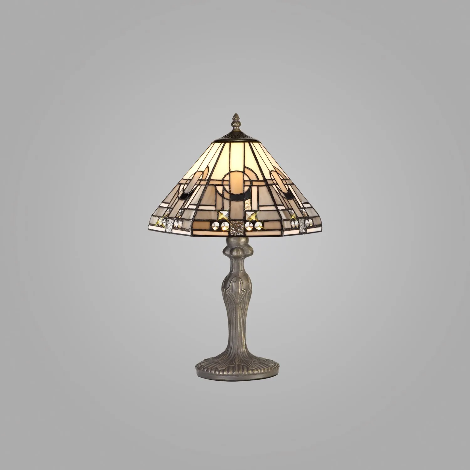 Knebworth 1 Light Curved Table Lamp E27 With 30cm Tiffany Shade, White Grey Black Clear Crystal Aged Antique Brass