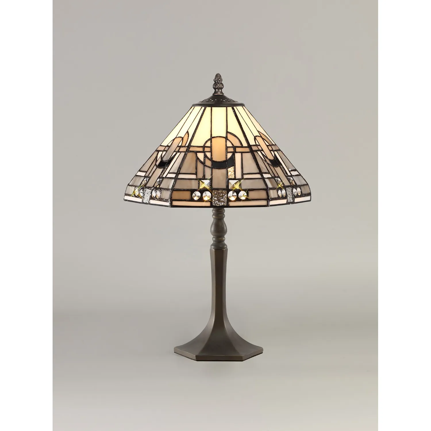 Knebworth 1 Light Octagonal Table Lamp E27 With 30cm Tiffany Shade, White Grey Black Clear Crystal Aged Antique Brass
