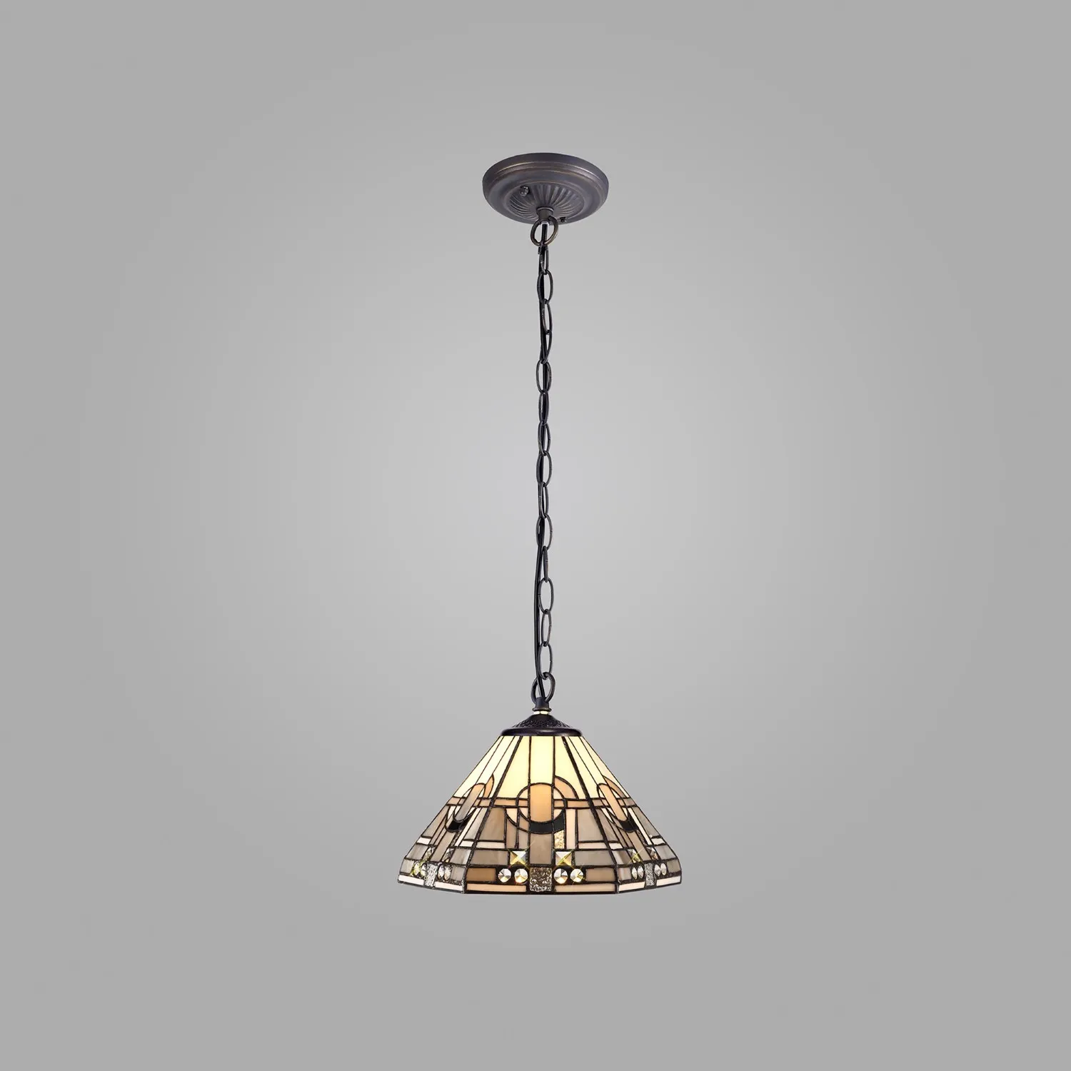 Knebworth 1 Light Downlighter Pendant E27 With 30cm Tiffany Shade, White Grey Black Clear Crystal Aged Antique Brass