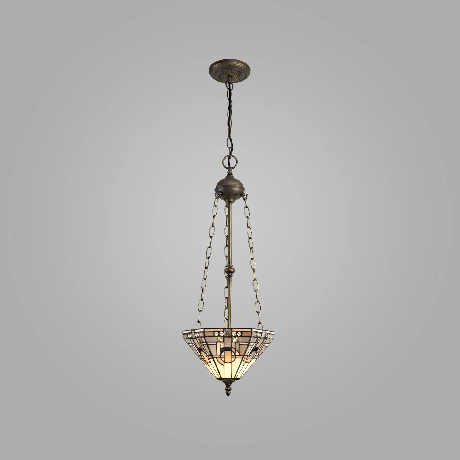 Knebworth 3 Light Uplighter Pendant E27 With 30cm Tiffany Shade, White Grey Black Clear Crystal Aged Antique Brass