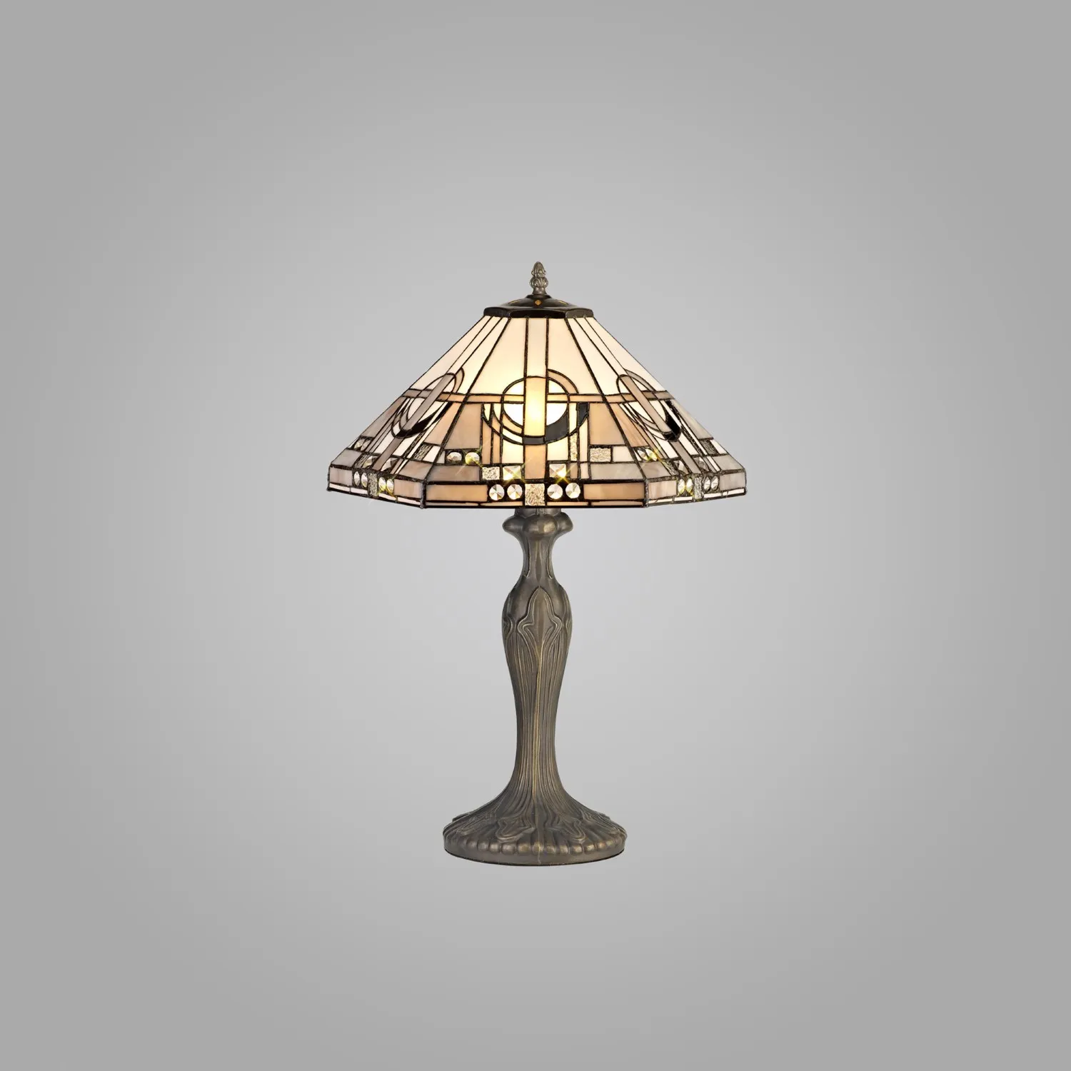 Knebworth 2 Light Curved Table Lamp E27 With 40cm Tiffany Shade, White Grey Black Clear Crystal Aged Antique Brass
