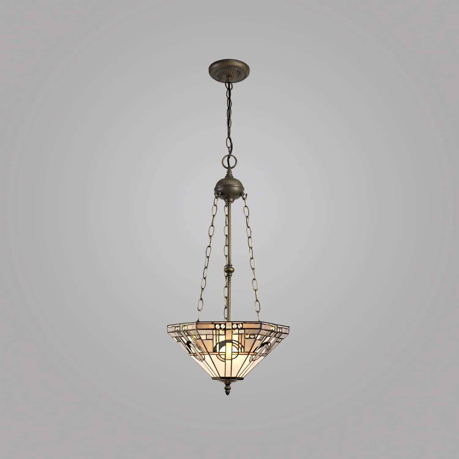 Knebworth 3 Light Uplighter Pendant E27 With 40cm Tiffany Shade, White Grey Black Clear Crystal Aged Antique Brass