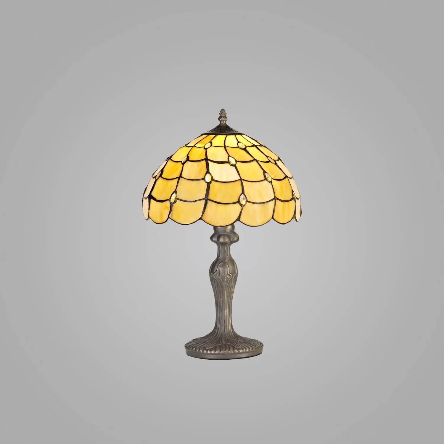 Stratford 1 Light Curved Table Lamp E27 With 30cm Tiffany Shade, Beige Clear Crystal Aged Antique Brass