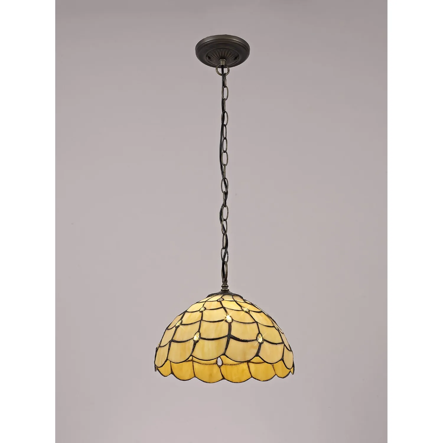 Stratford 1 Light Downlighter Pendant E27 With 30cm Tiffany Shade, Beige Clear Crystal Aged Antique Brass