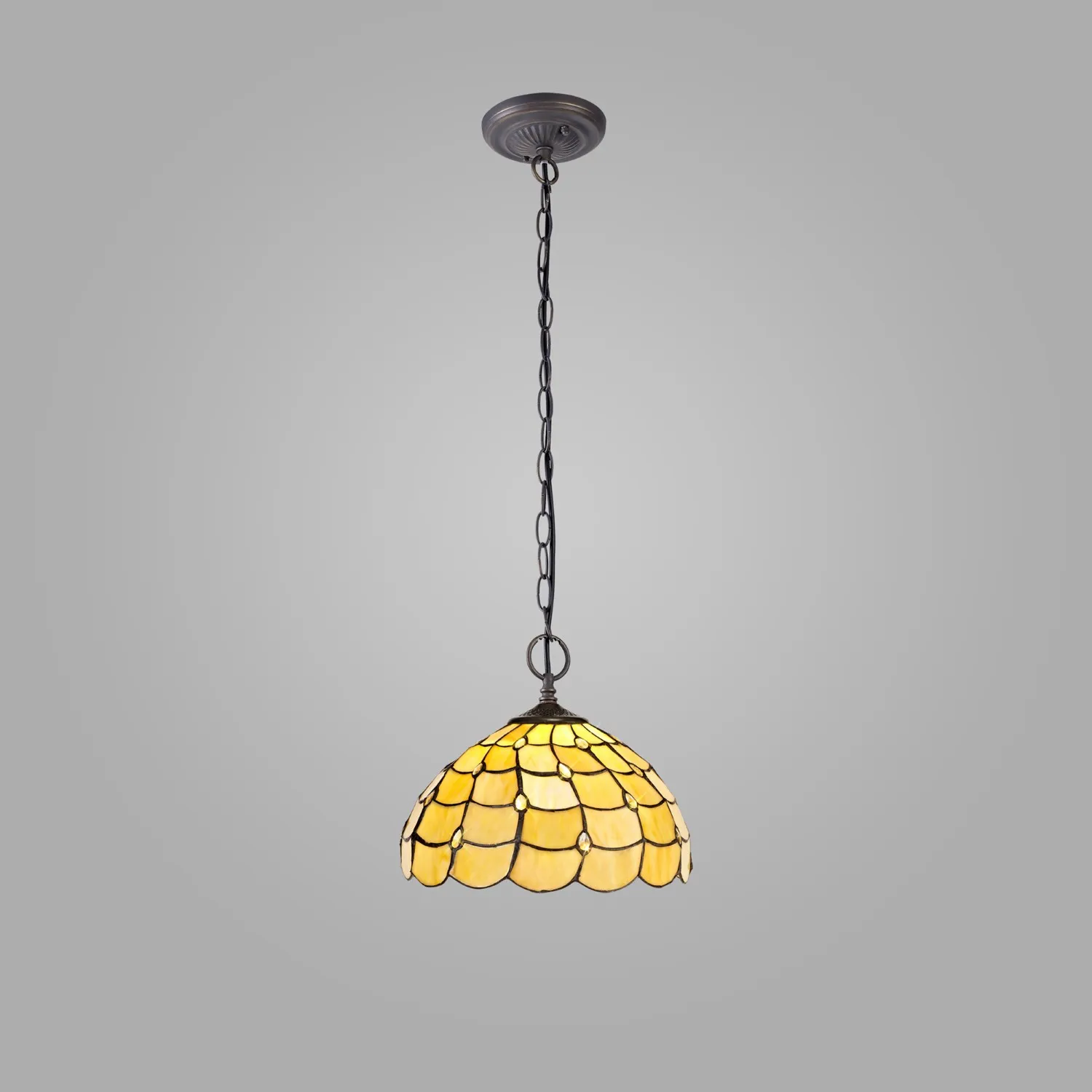 Stratford 2 Light Downlighter Pendant E27 With 30cm Tiffany Shade, Beige Clear Crystal Aged Antique Brass