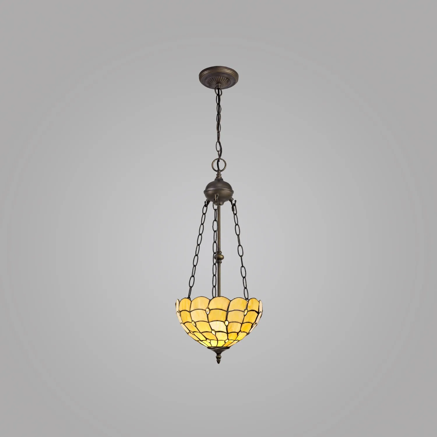 Stratford 2 Light Uplighter Pendant E27 With 30cm Tiffany Shade, Beige Clear Crystal Aged Antique Brass
