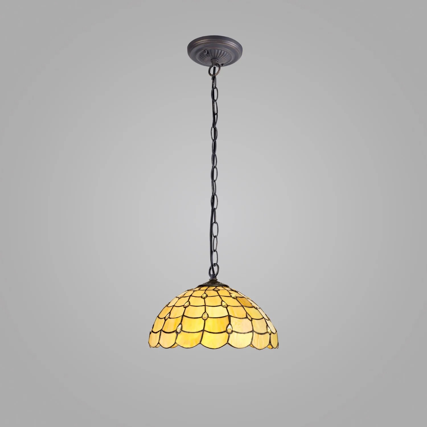Stratford 1 Light Downlighter Pendant E27 With 40cm Tiffany Shade, Beige Clear Crystal Aged Antique Brass