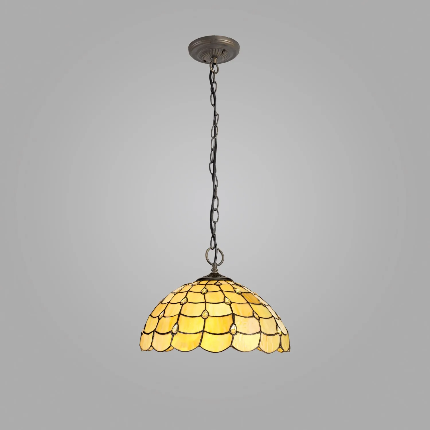 Stratford 3 Light Downlighter Pendant E27 With 40cm Tiffany Shade, Beige Clear Crystal Aged Antique Brass