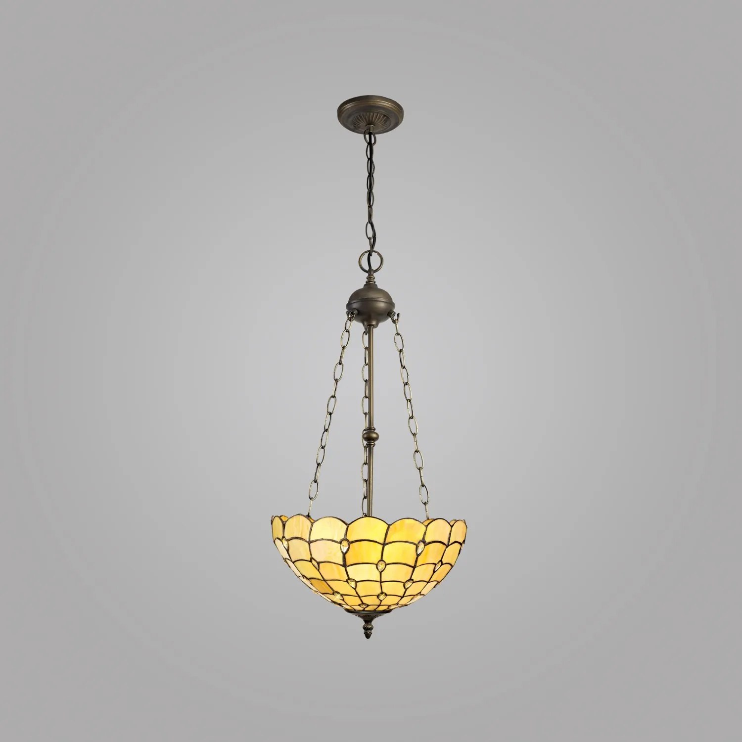 Stratford 3 Light Uplighter Pendant E27 With 40cm Tiffany Shade, Beige Clear Crystal Aged Antique Brass