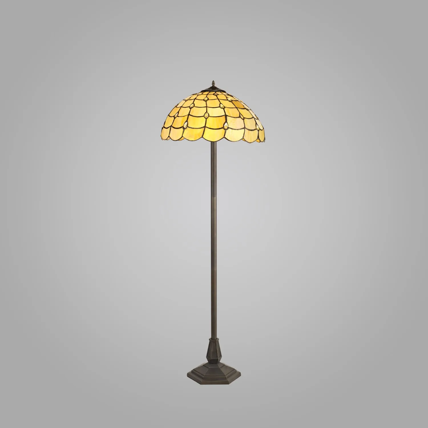 Stratford 2 Light Octagonal Floor Lamp E27 With 40cm Tiffany Shade, Beige Clear Crystal Aged Antique Brass