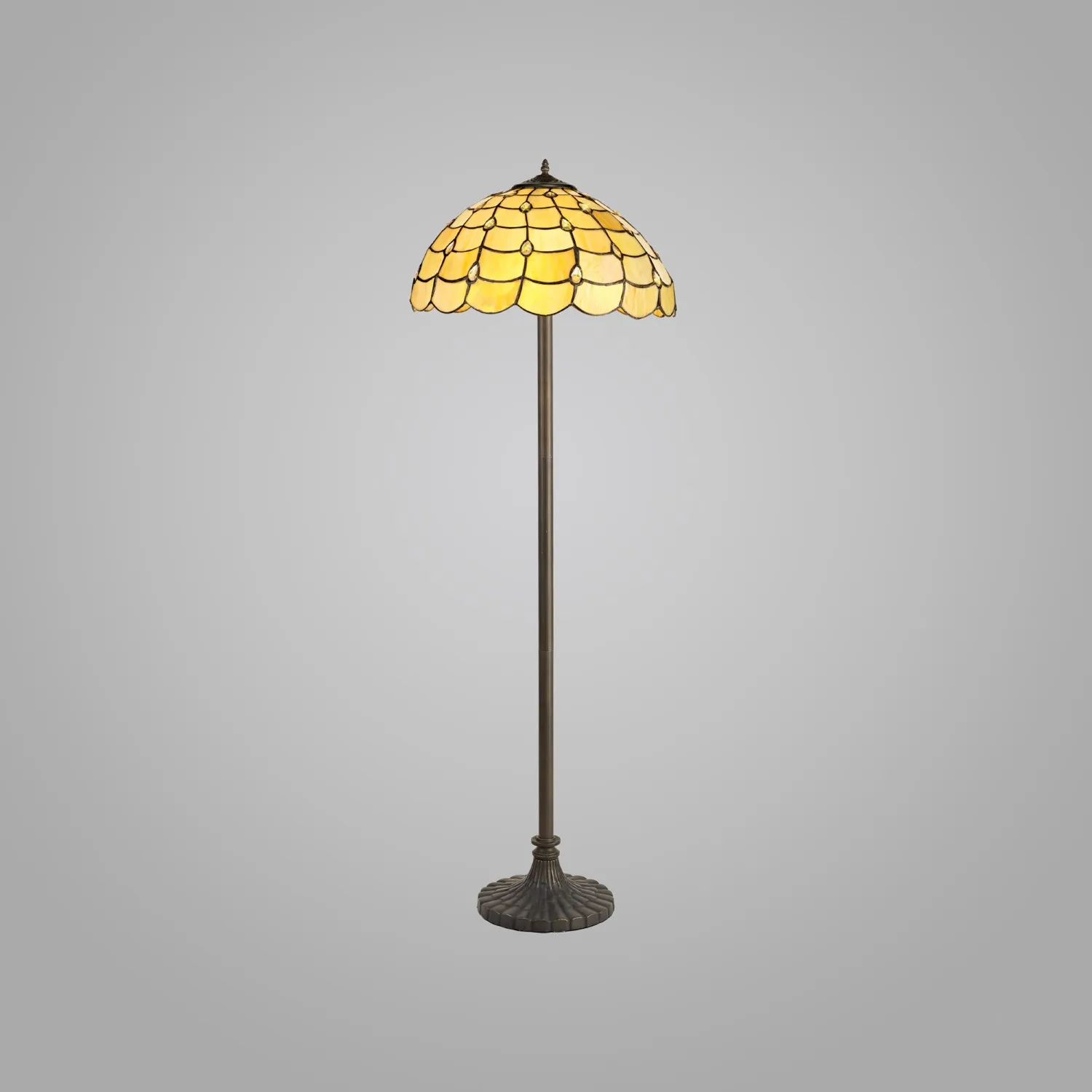 Stratford 2 Light Stepped Design Floor Lamp E27 With 40cm Tiffany Shade, Beige Clear Crystal Aged Antique Brass