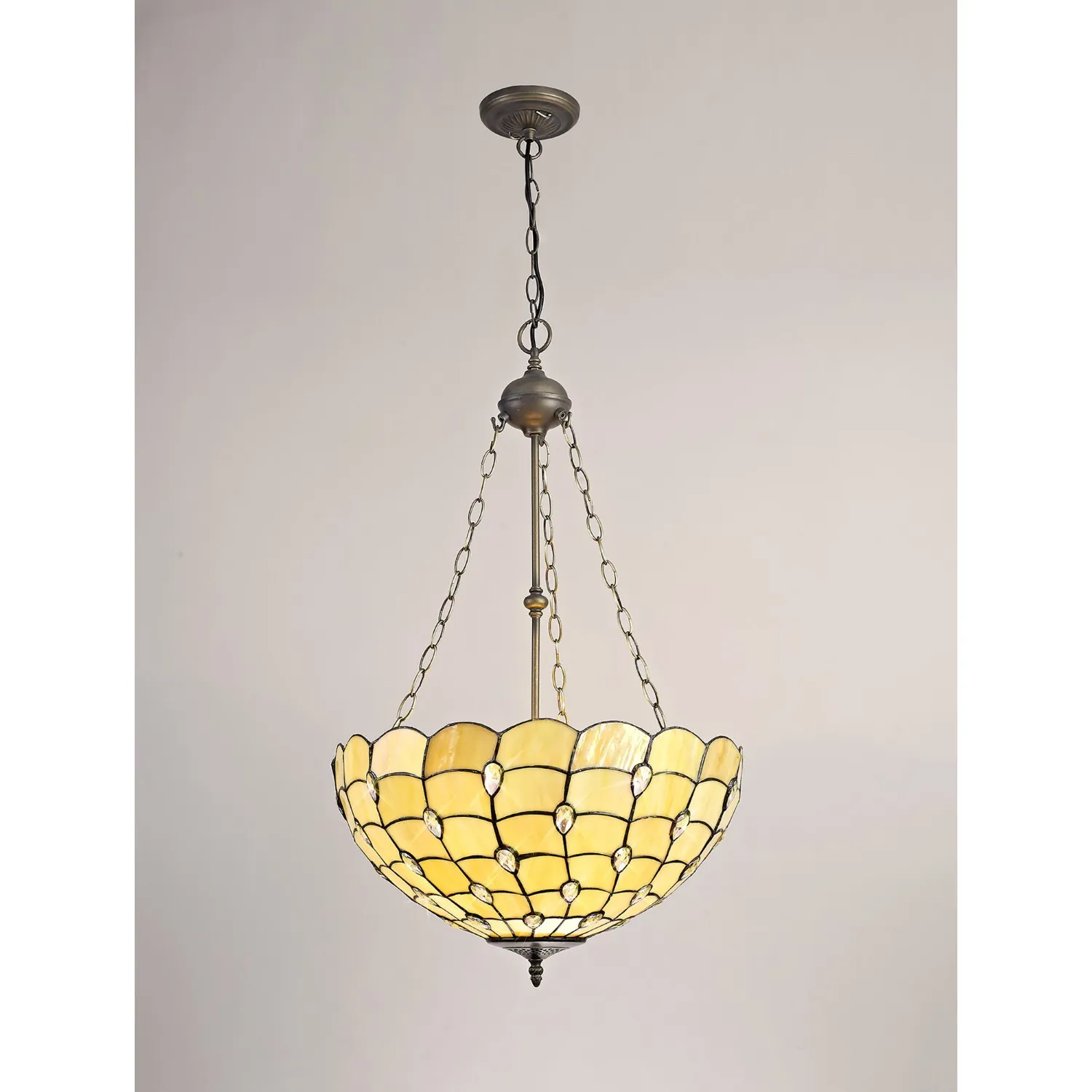 Stratford 3 Light Uplighter Pendant E27 With 50cm Tiffany Shade, Beige Clear Crystal Aged Antique Brass