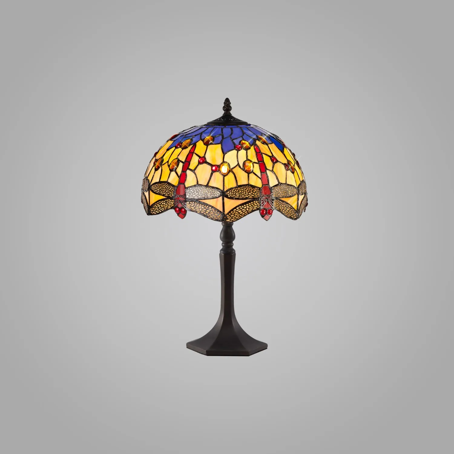 Hitchin 1 Light Octagonal Table Lamp E27 With 30cm Tiffany Shade, Blue Orange Crystal Aged Antique Brass