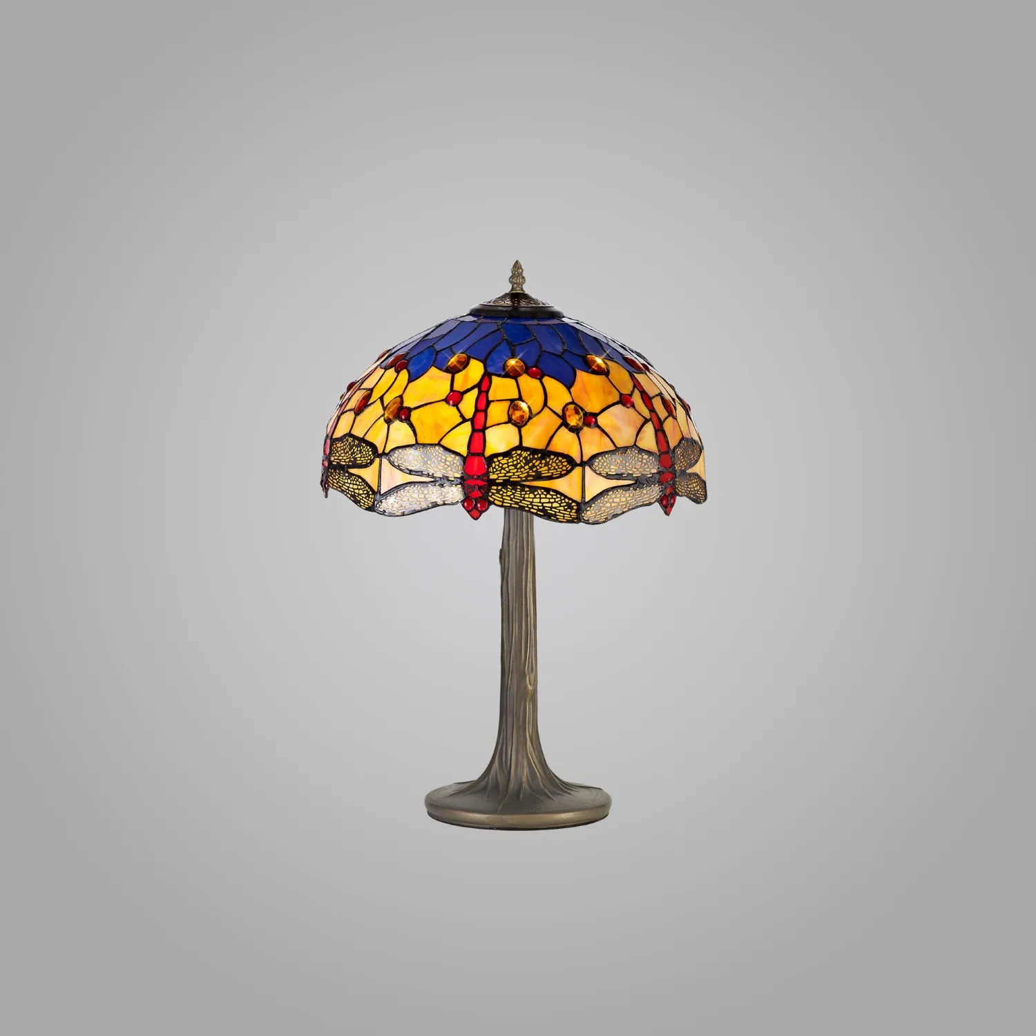 Hitchin 2 Light Tree Like Table Lamp E27 With 40cm Tiffany Shade, Blue Orange Crystal Aged Antique Brass