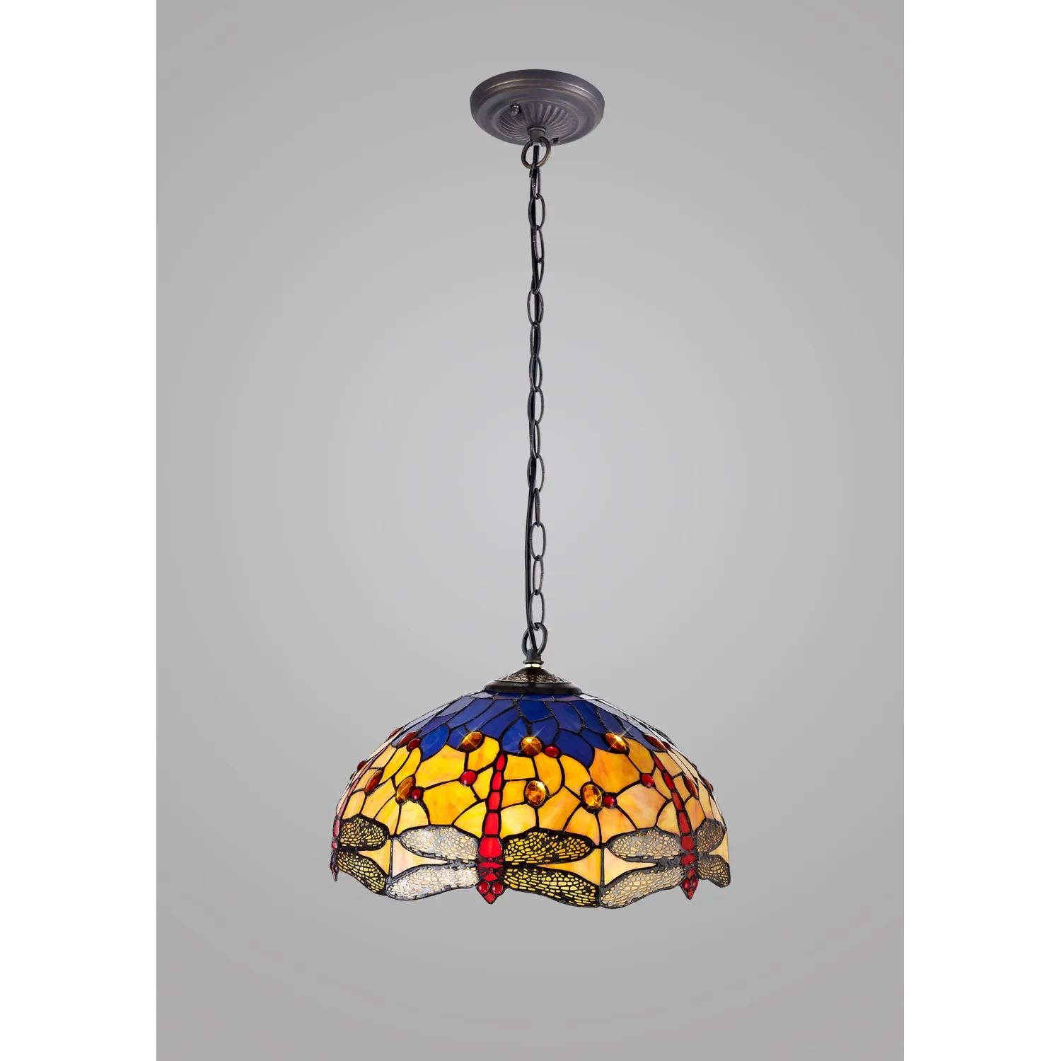 Hitchin 1 Light Downlighter Pendant E27 With 40cm Tiffany Shade, Blue Orange Crystal Aged Antique Brass