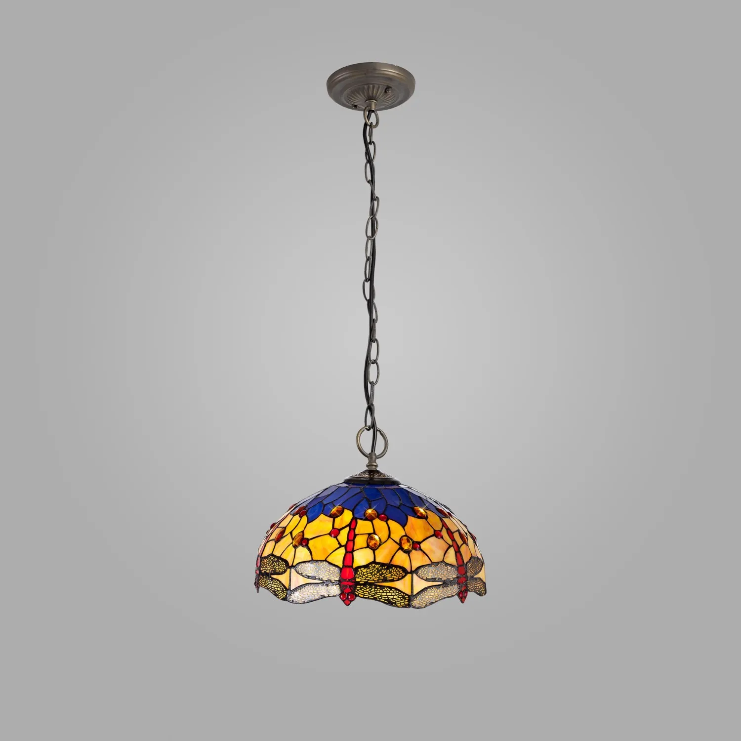 Hitchin 3 Light Downlighter Pendant E27 With 40cm Tiffany Shade, Blue Orange Crystal Aged Antique Brass