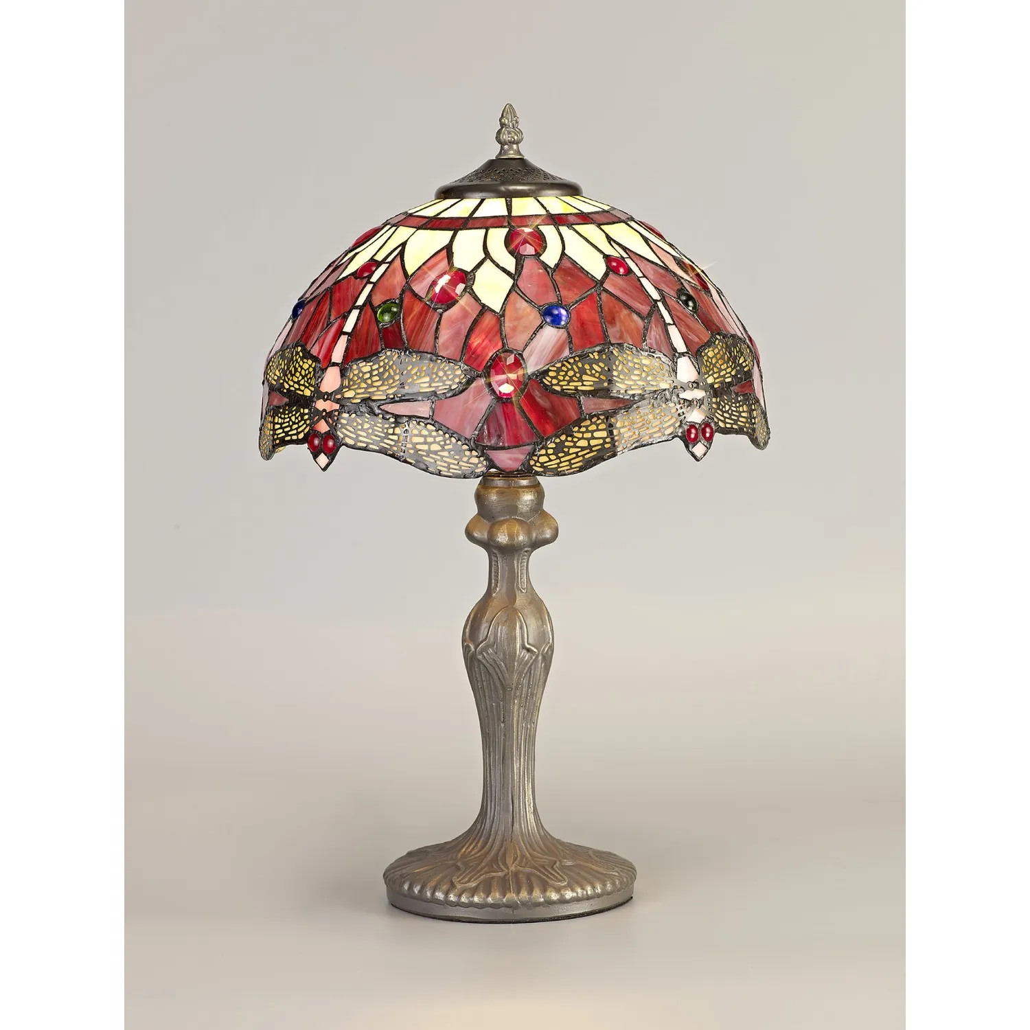 Hitchin 1 Light Curved Table Lamp E27 With 30cm Tiffany Shade, Purple Pink Crystal Aged Antique Brass
