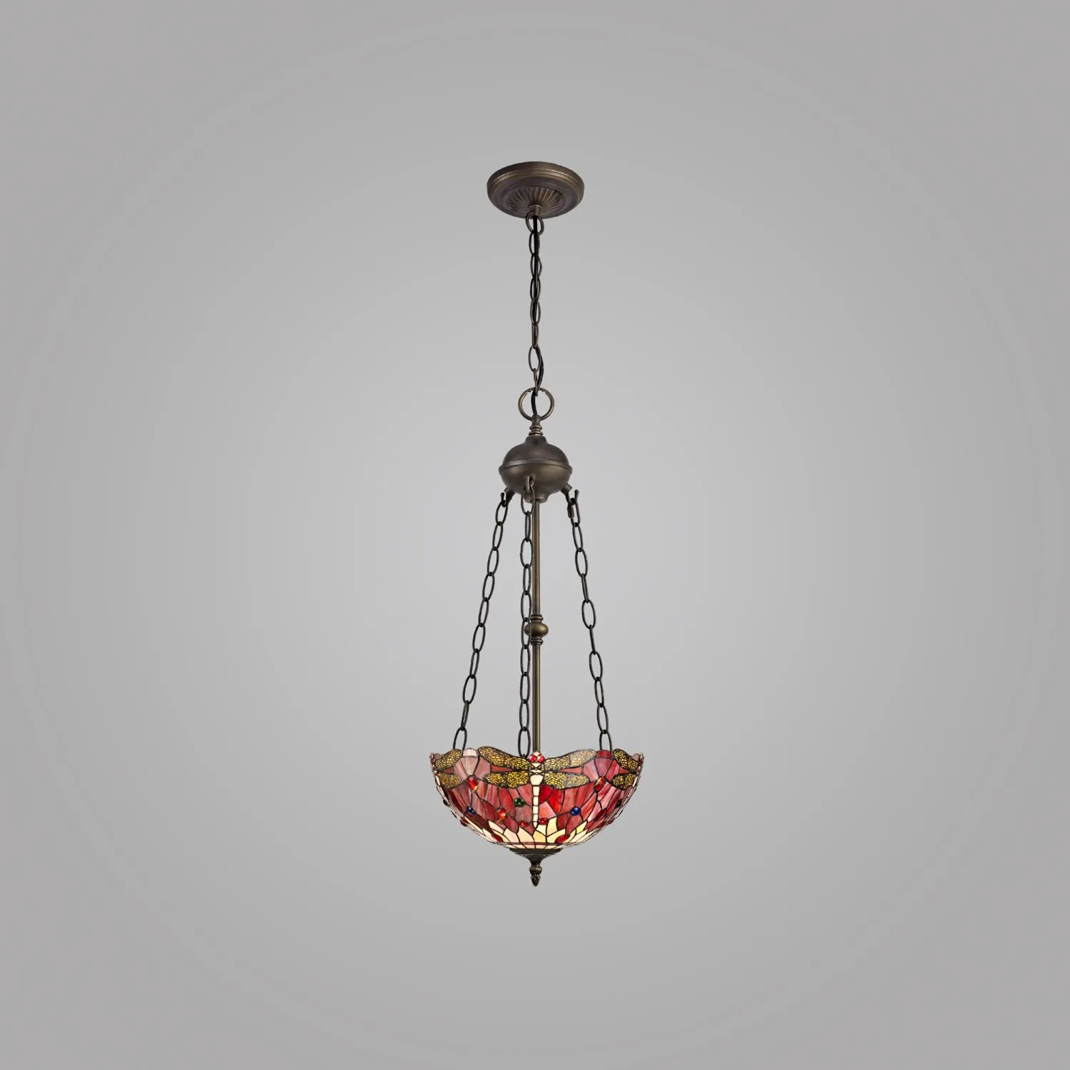Hitchin 2 Light Uplighter Pendant E27 With 30cm Tiffany Shade, Purple Pink Crystal Aged Antique Brass