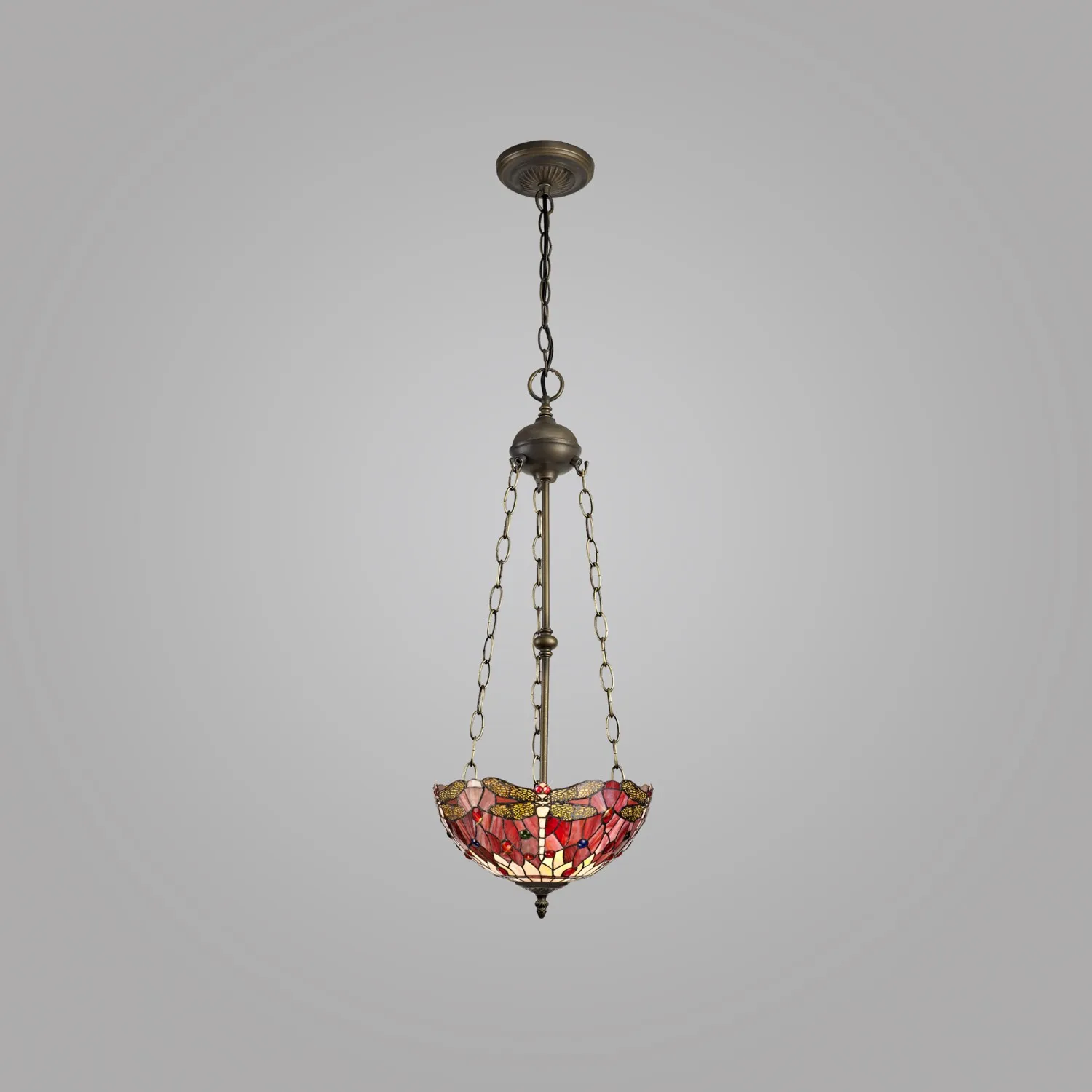 Hitchin 3 Light Uplighter Pendant E27 With 30cm Tiffany Shade, Purple Pink Crystal Aged Antique Brass