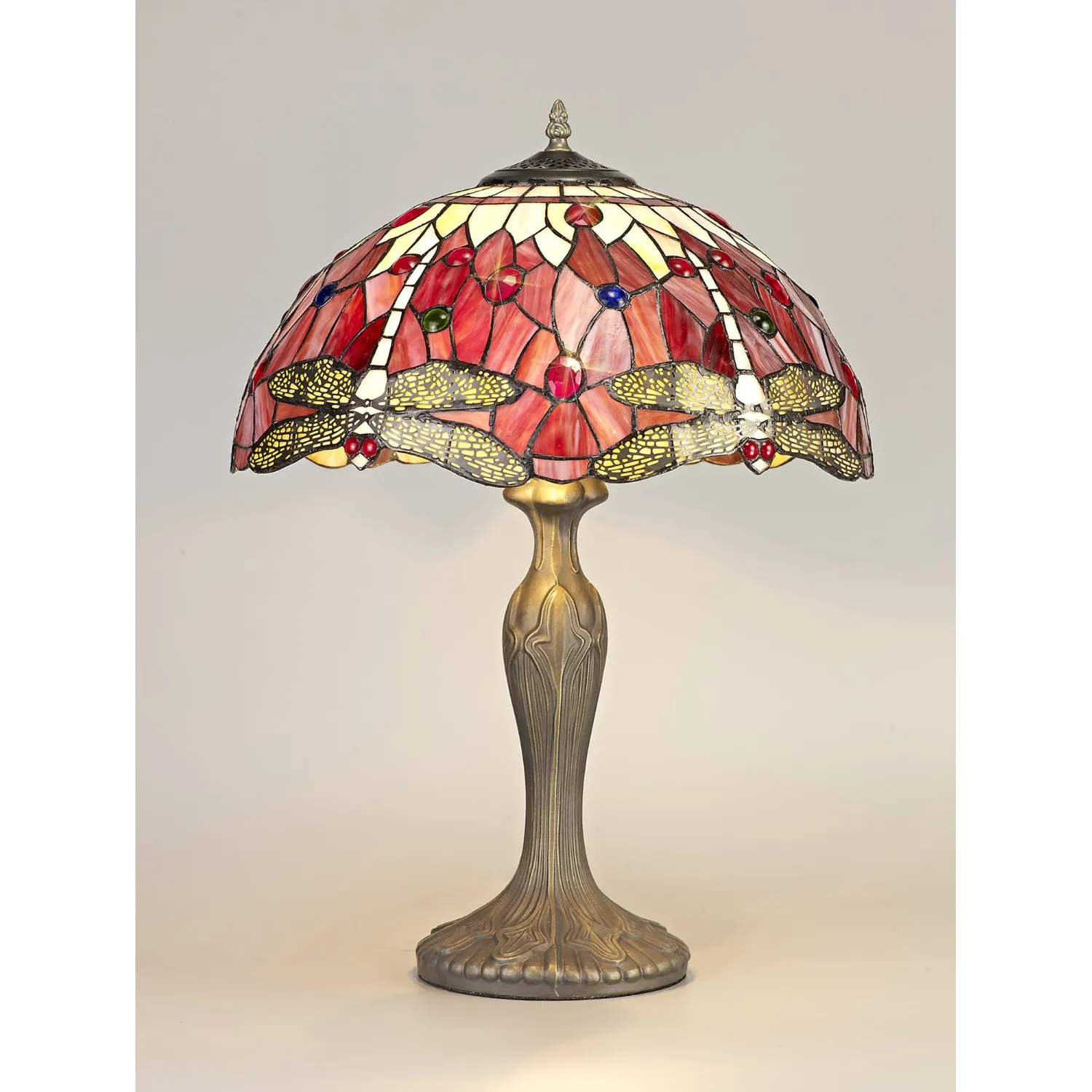 Hitchin 2 Light Curved Table Lamp E27 With 40cm Tiffany Shade, Purple Pink Crystal Aged Antique Brass