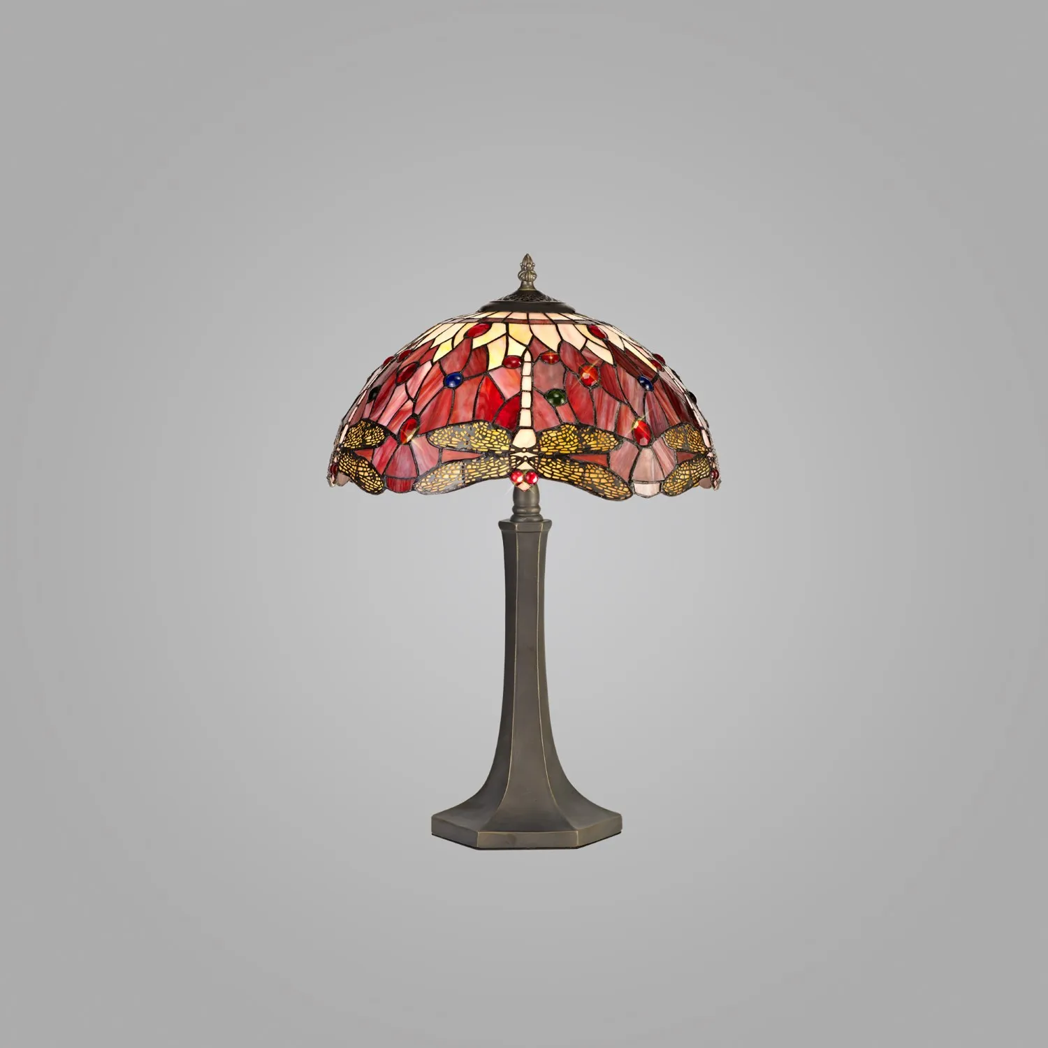 Hitchin 2 Light Octagonal Table Lamp E27 With 40cm Tiffany Shade, Purple Pink Crystal Aged Antique Brass