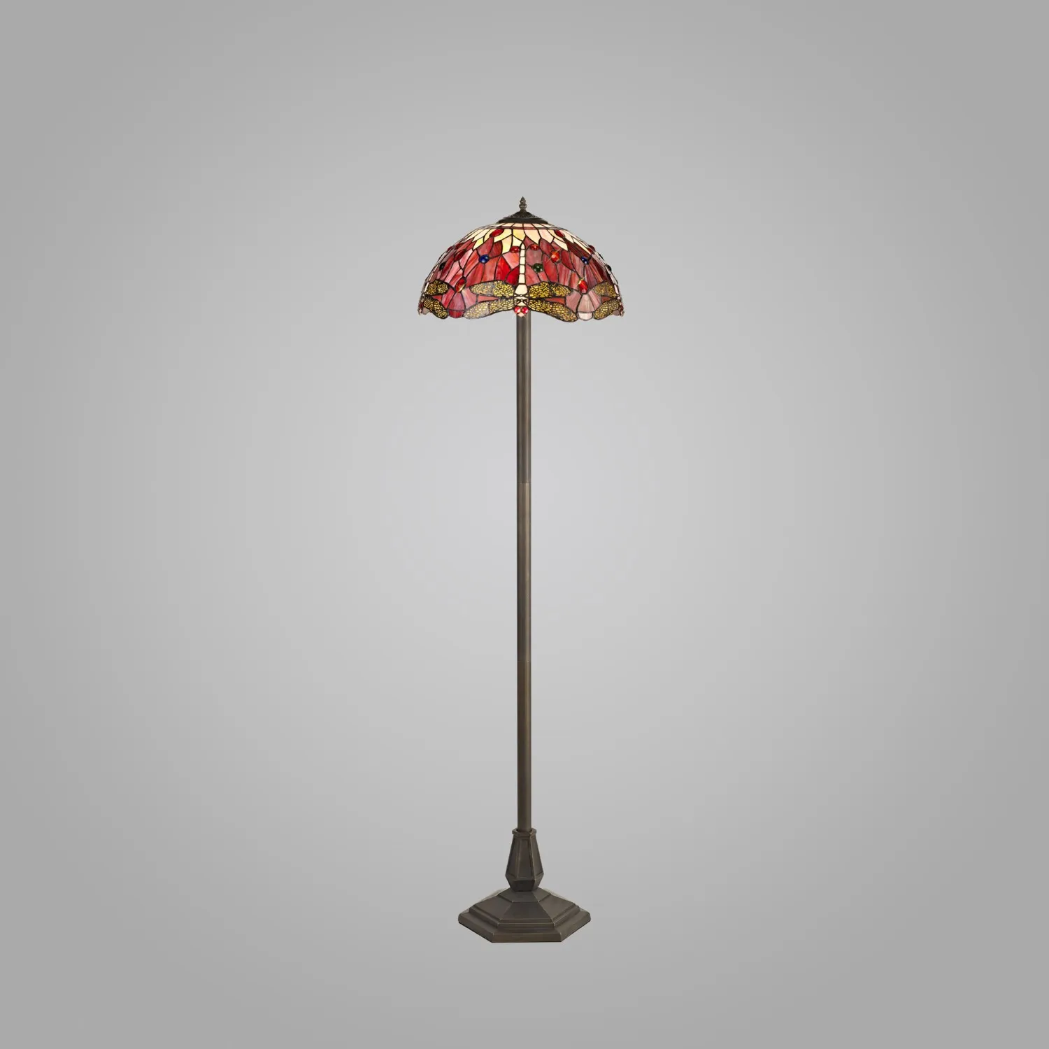 Hitchin 2 Light Octagonal Floor Lamp E27 With 40cm Tiffany Shade, Purple Pink Crystal Aged Antique Brass