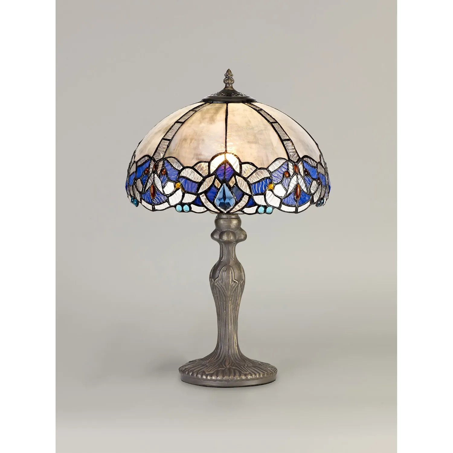 Ardingly 1 Light Curved Table Lamp E27 With 30cm Tiffany Shade, Blue Clear Crystal Aged Antique Brass