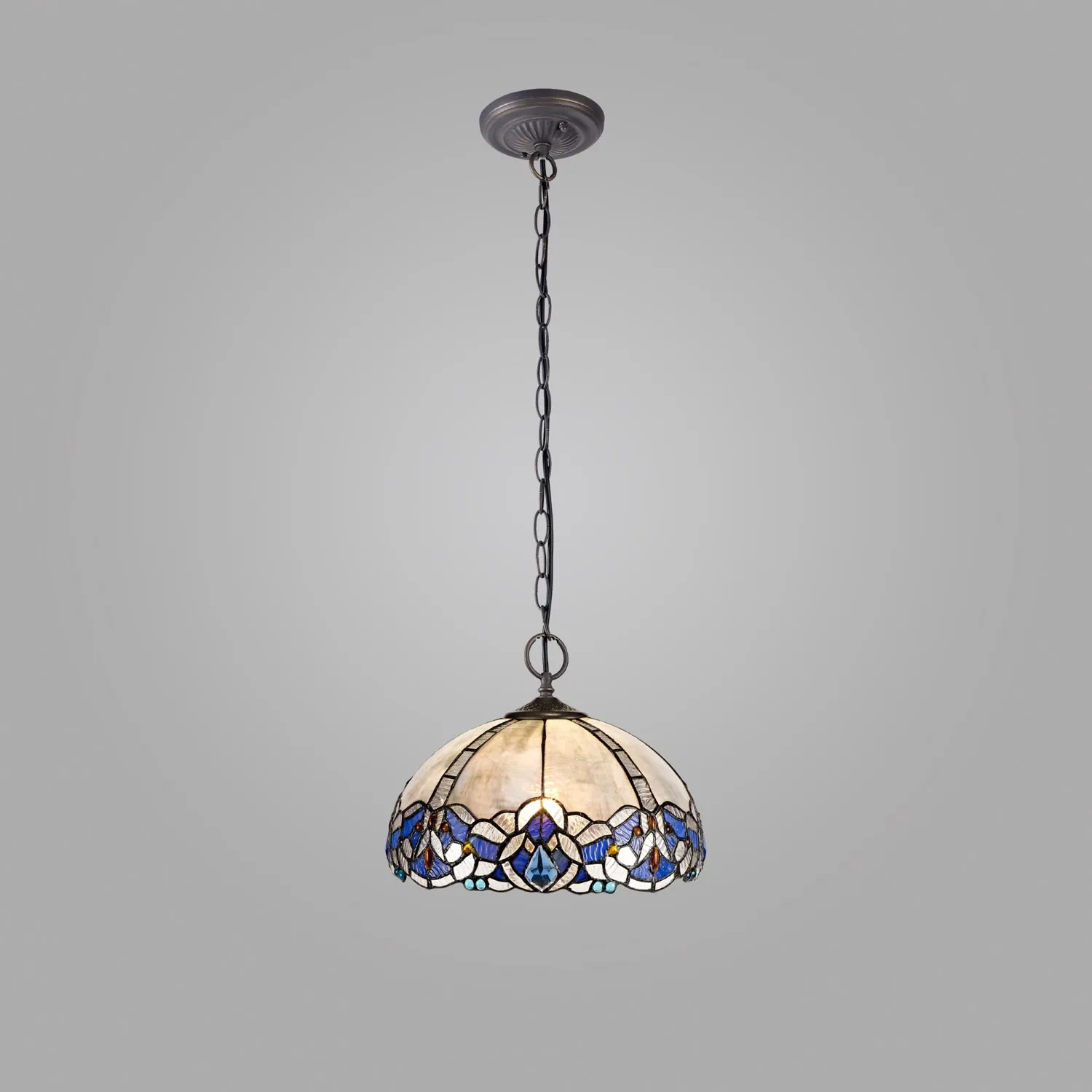 Ardingly 2 Light Downlight Pendant E27 With 30cm Tiffany Shade, Blue Clear Crystal Aged Antique Brass
