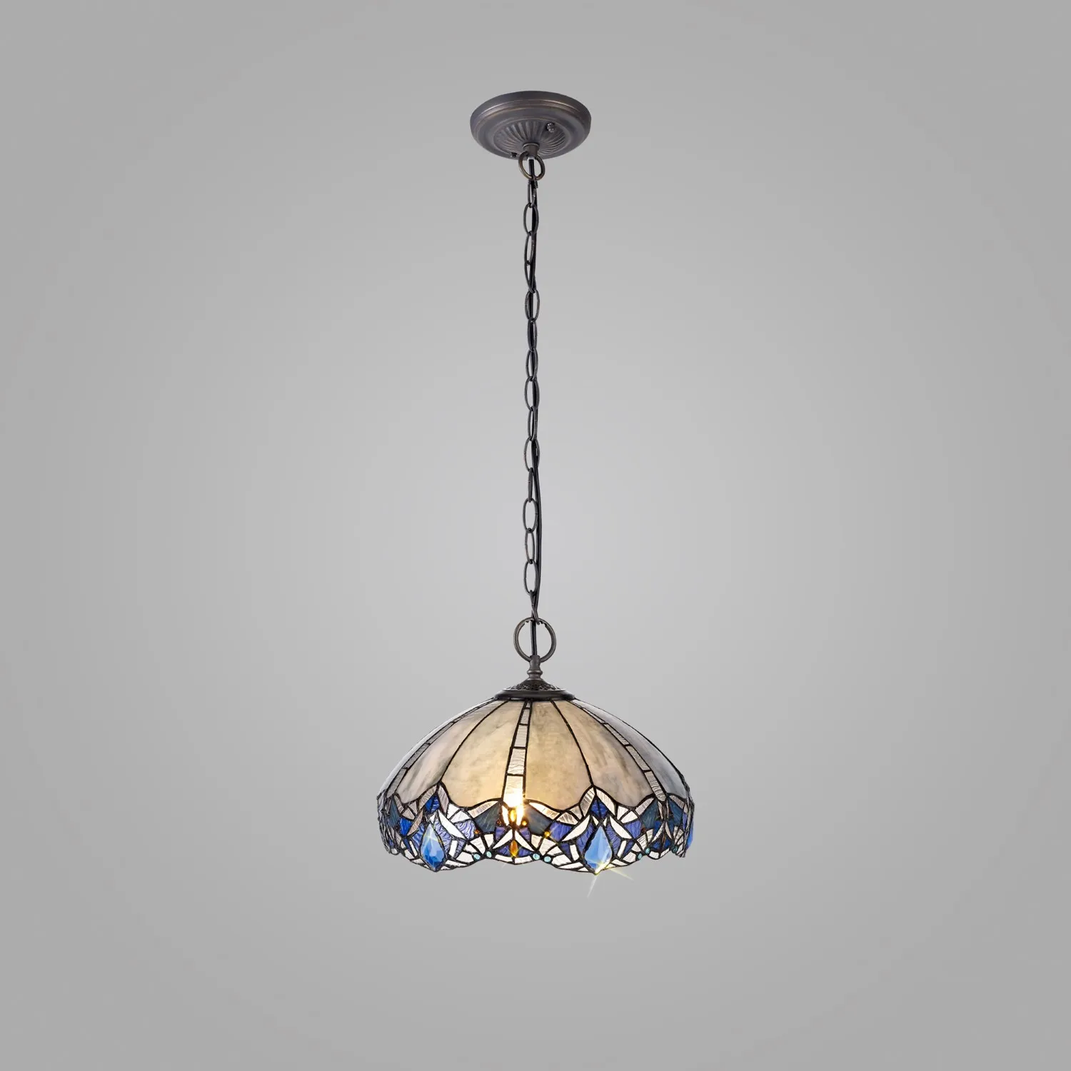 Ardingly 2 Light Downlight Pendant E27 With 40cm Tiffany Shade, Blue Clear Crystal Aged Antique Brass