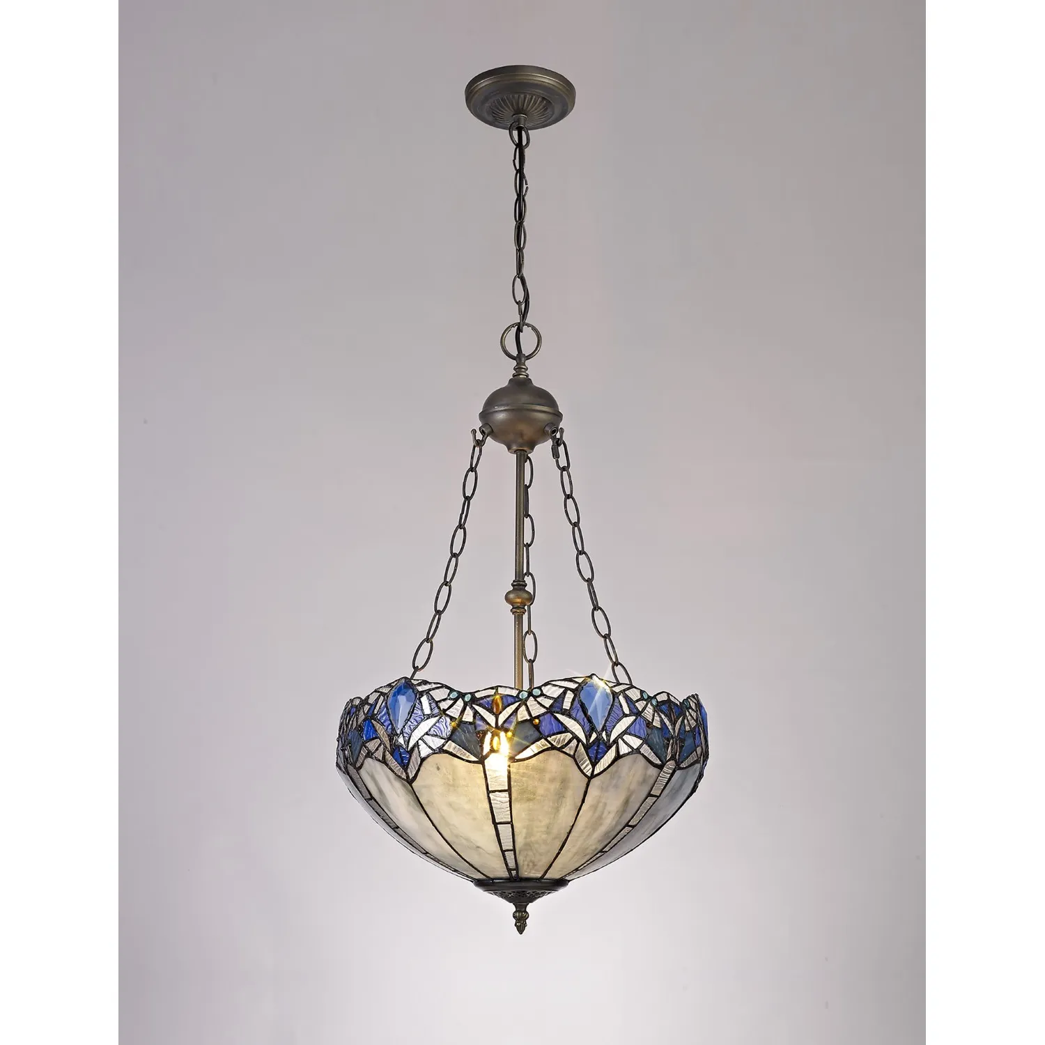 Ardingly 2 Light Uplighter Pendant E27 With 40cm Tiffany Shade, Blue Clear Crystal Aged Antique Brass