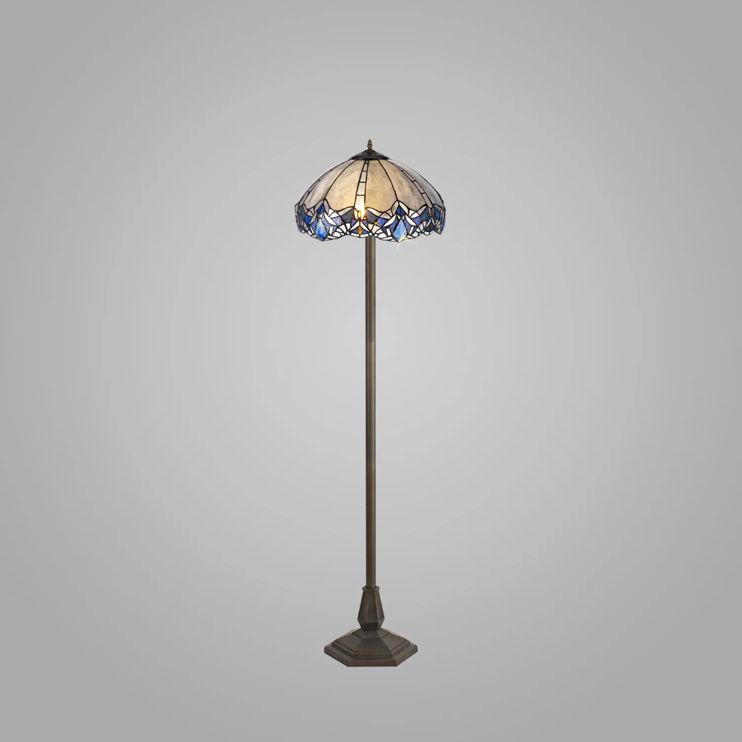 Ardingly 2 Light Octagonal Floor Lamp E27 With 40cm Tiffany Shade, Blue Clear Crystal Aged Antique Brass
