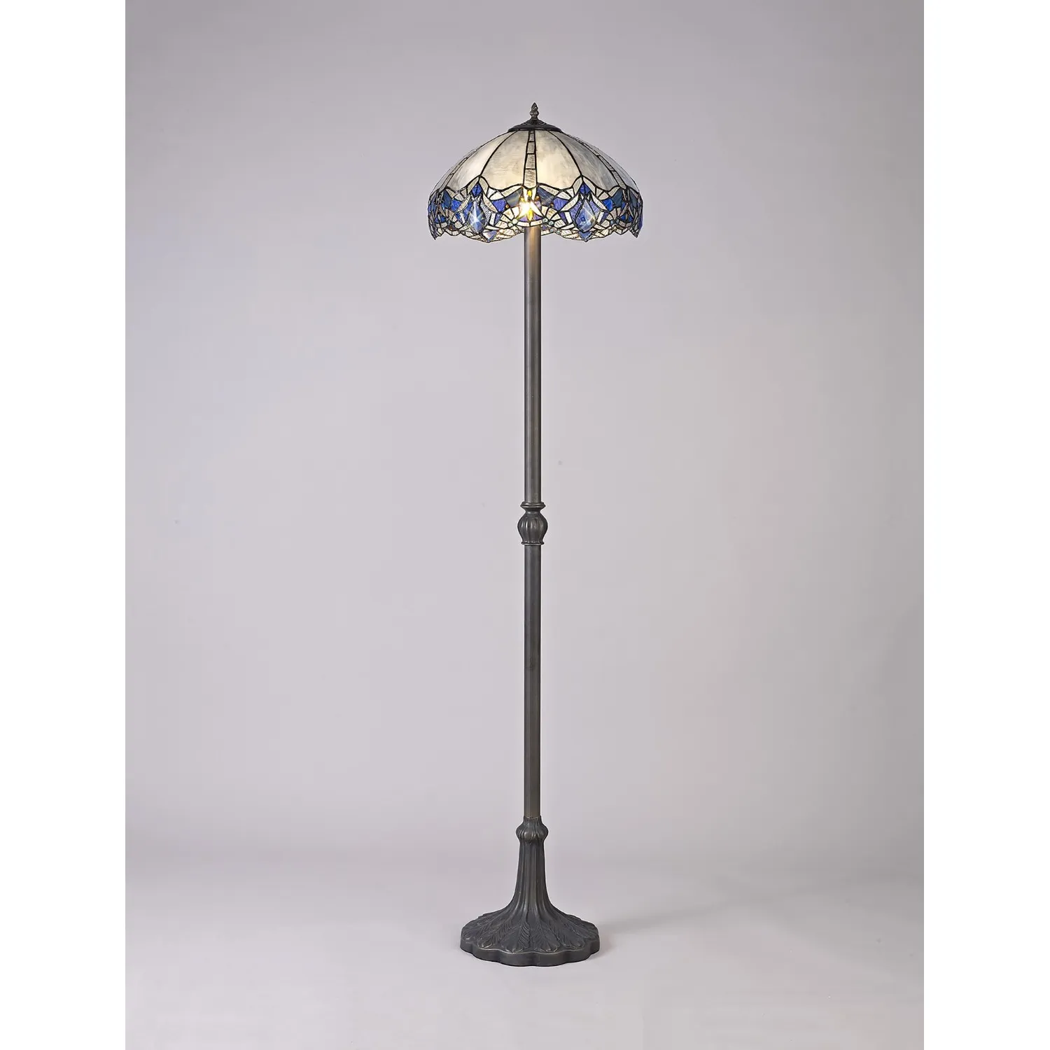 Ardingly 2 Light Leaf Design Floor Lamp E27 With 40cm Tiffany Shade, Blue Clear Crystal Aged Antique Brass