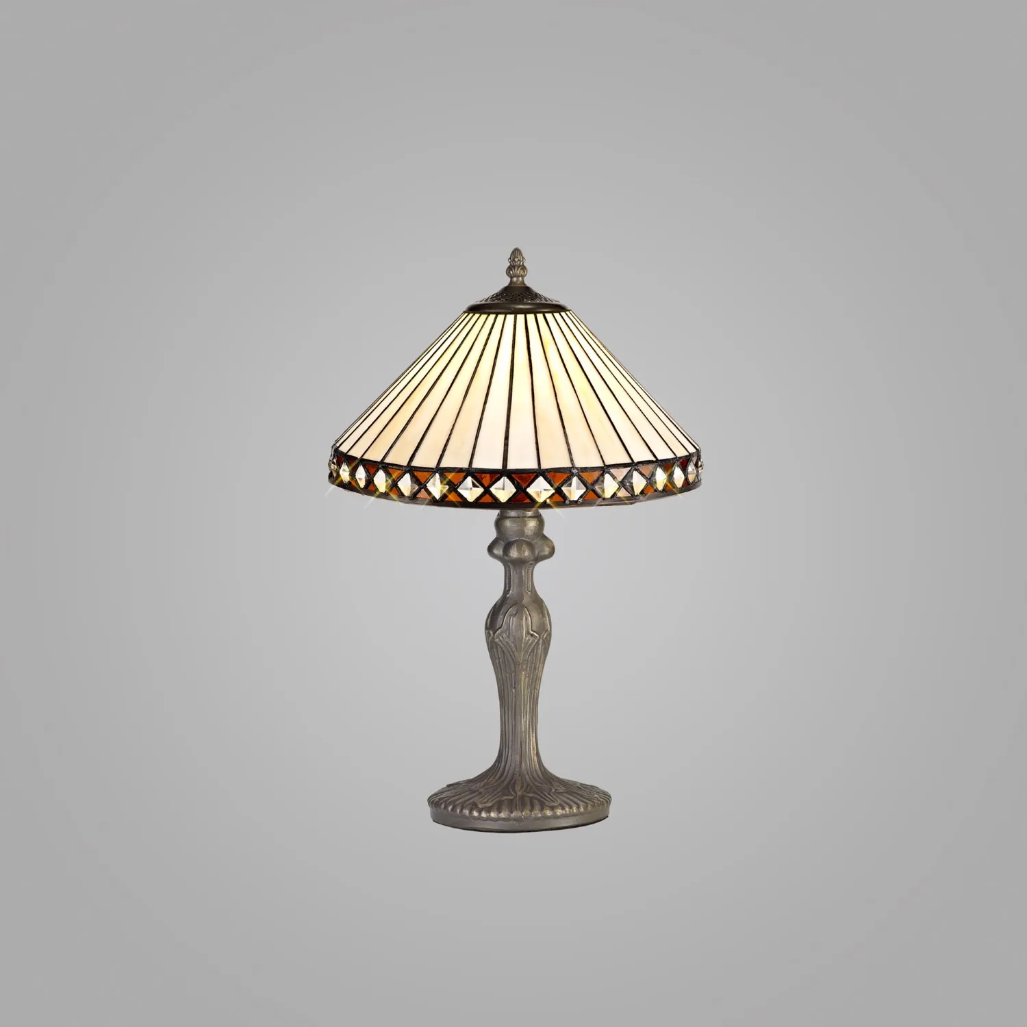 Rayleigh 1 Light Curved Table Lamp E27 With 30cm Tiffany Shade, Amber Cream Crystal Aged Antique Brass