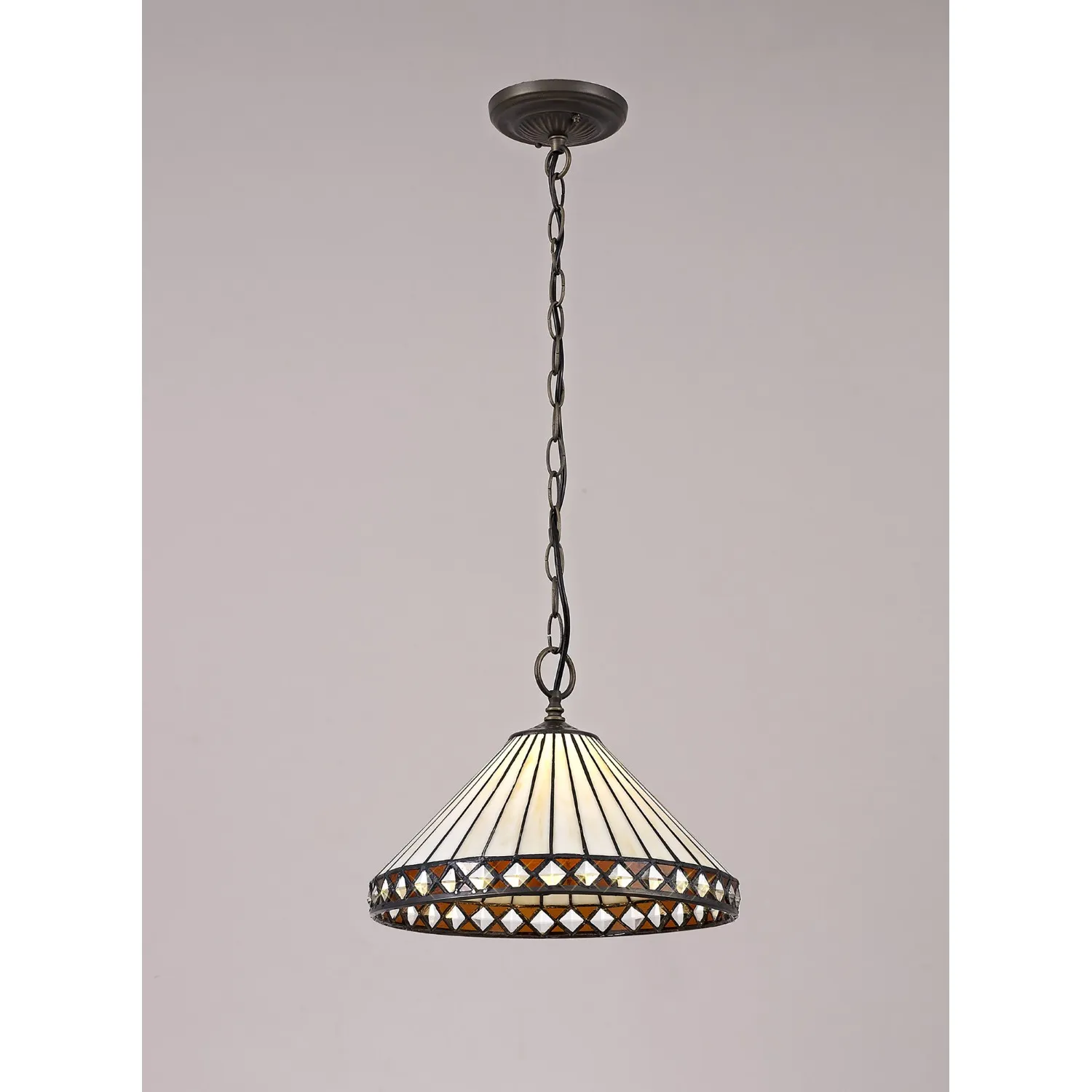 Rayleigh 1 Light Downlighter Pendant E27 With 30cm Tiffany Shade, Amber Cream Crystal Aged Antique Brass