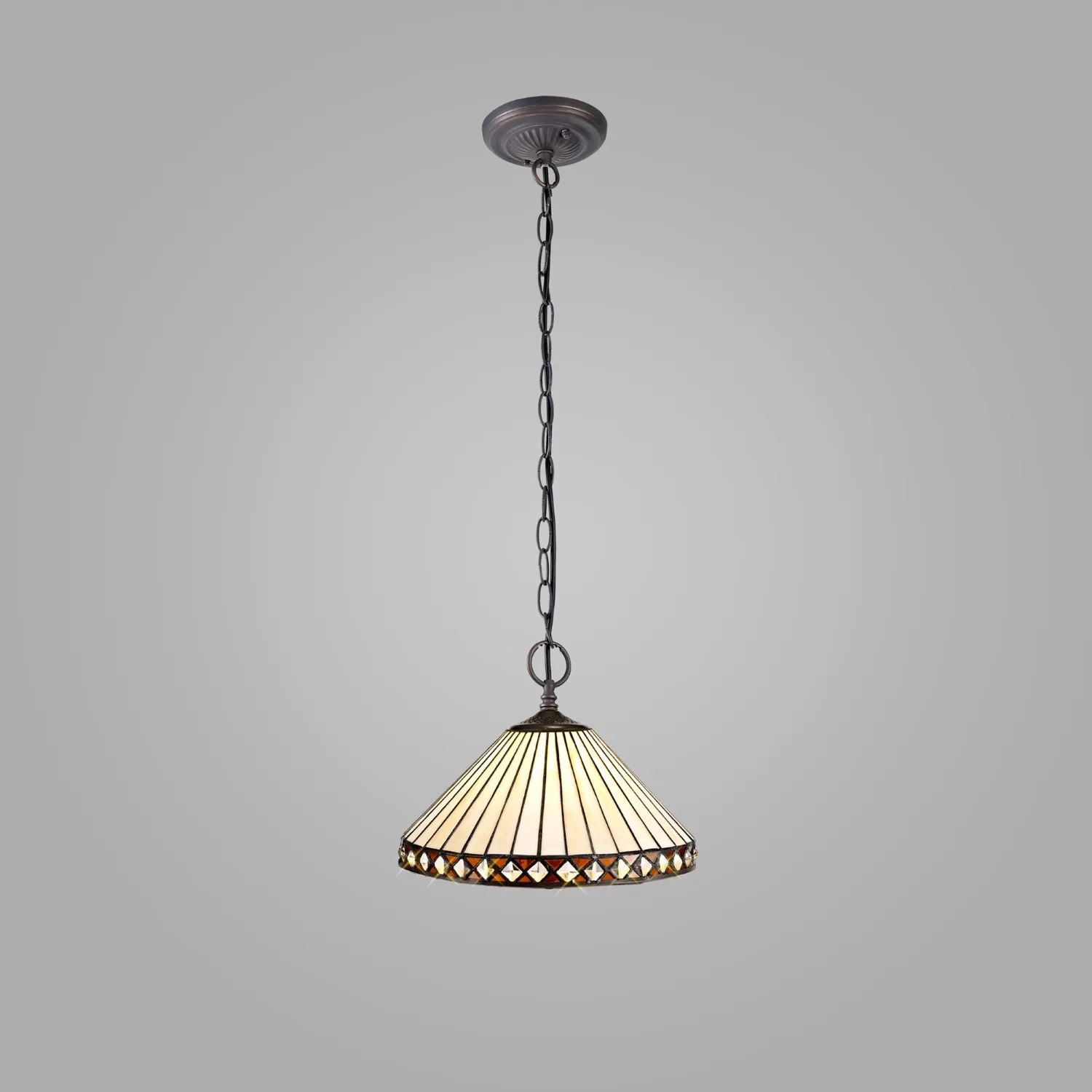 Rayleigh 2 Light Downlighter Pendant E27 With 30cm Tiffany Shade, Amber Cream Crystal Aged Antique Brass