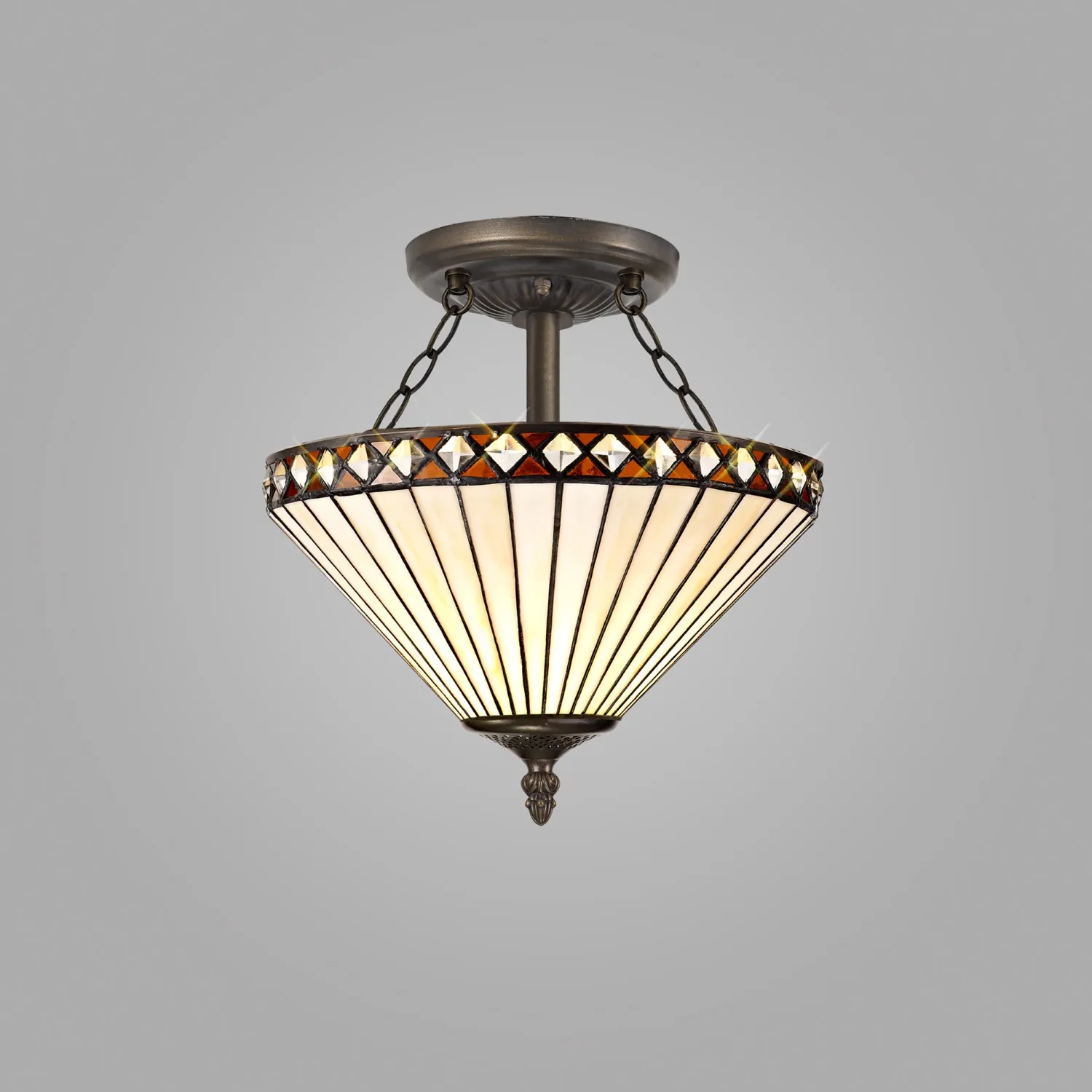 Rayleigh 2 Light Semi Flush E27 With 30cm Tiffany Shade, Amber Cream Crystal Aged Antique Brass