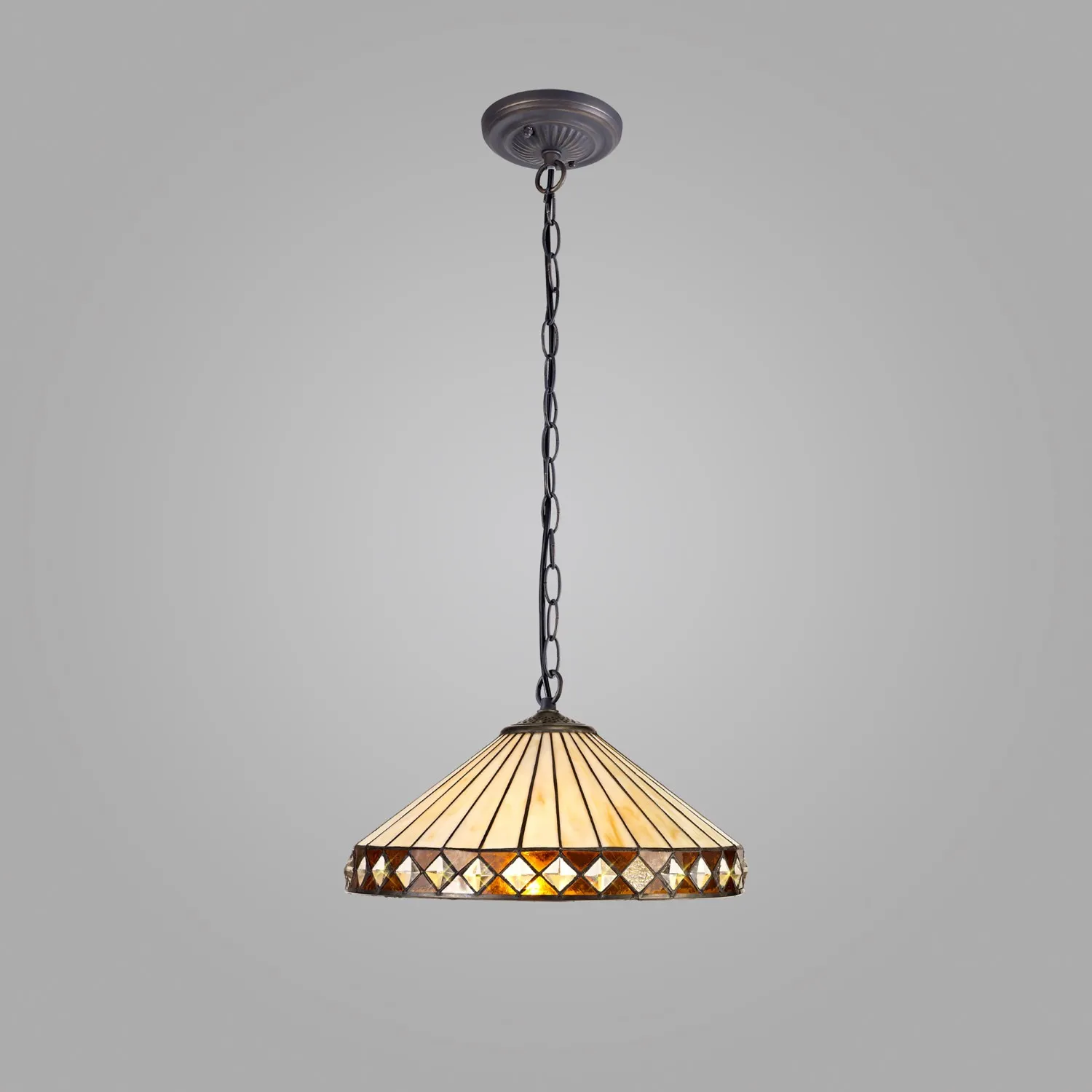 Rayleigh 1 Light Downlighter Pendant E27 With 40cm Tiffany Shade, Amber Cream Crystal Aged Antique Brass