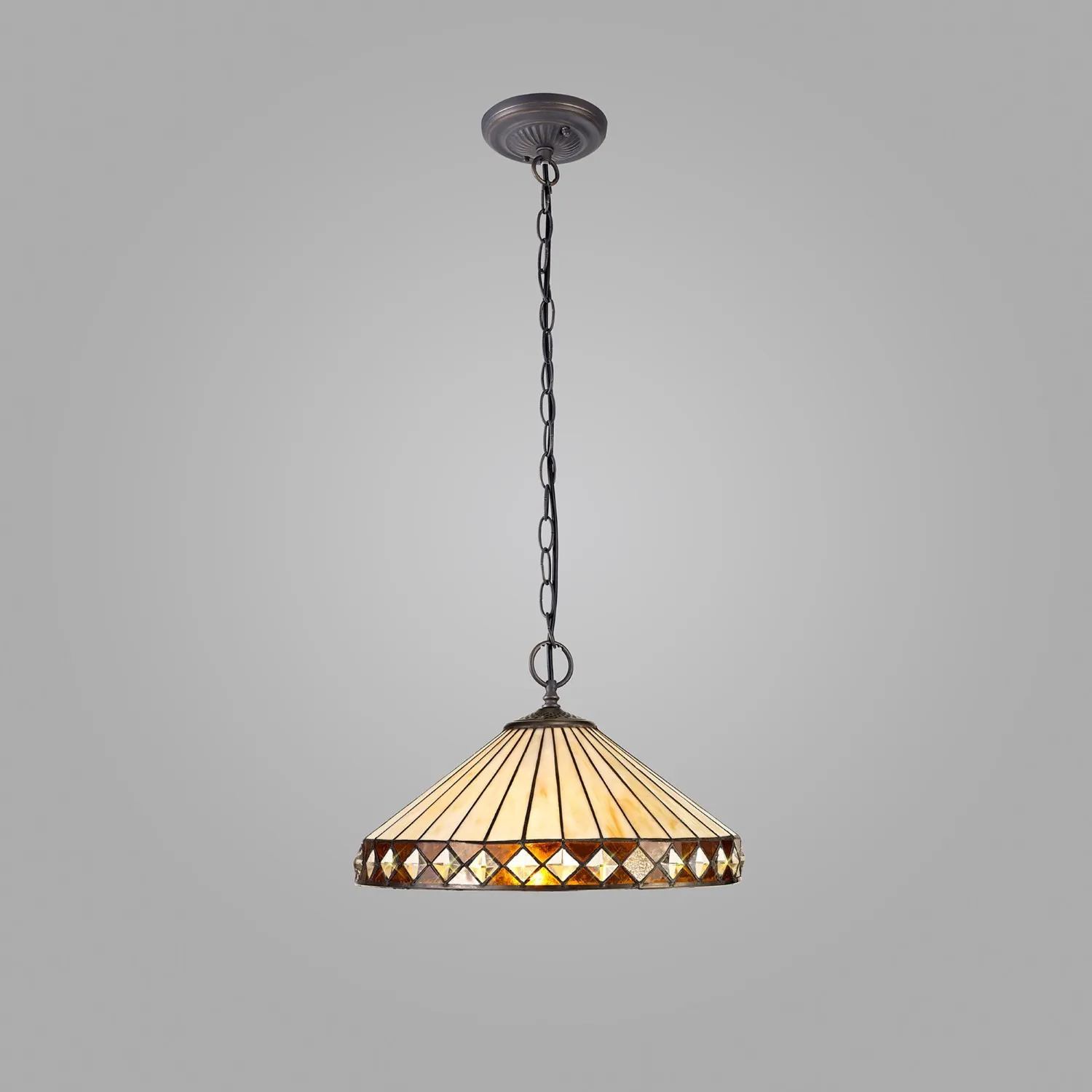 Rayleigh 2 Light Downlighter Pendant E27 With 40cm Tiffany Shade, Amber Cream Crystal Aged Antique Brass