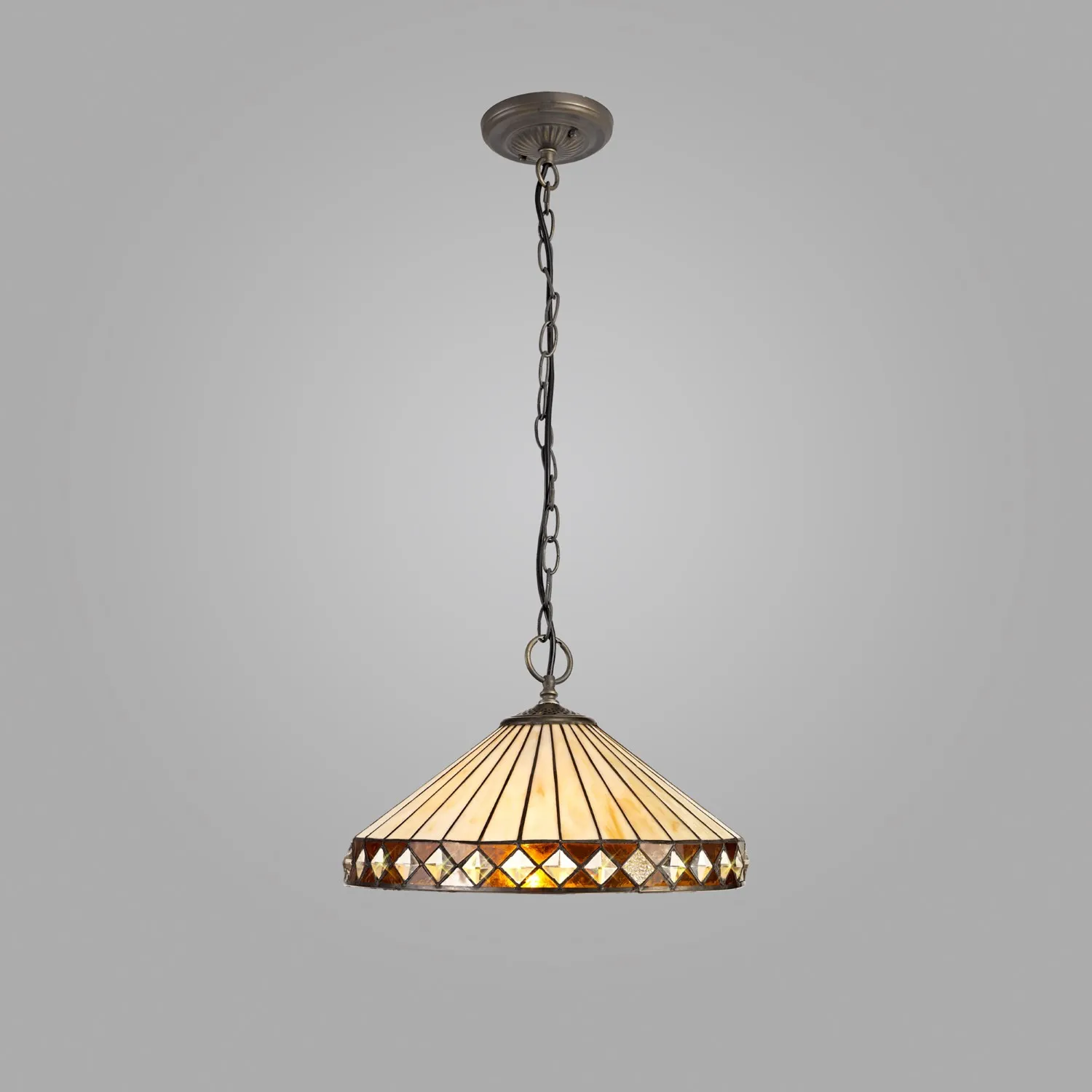 Rayleigh 3 Light Downlighter Pendant E27 With 40cm Tiffany Shade, Amber Cream Crystal Aged Antique Brass