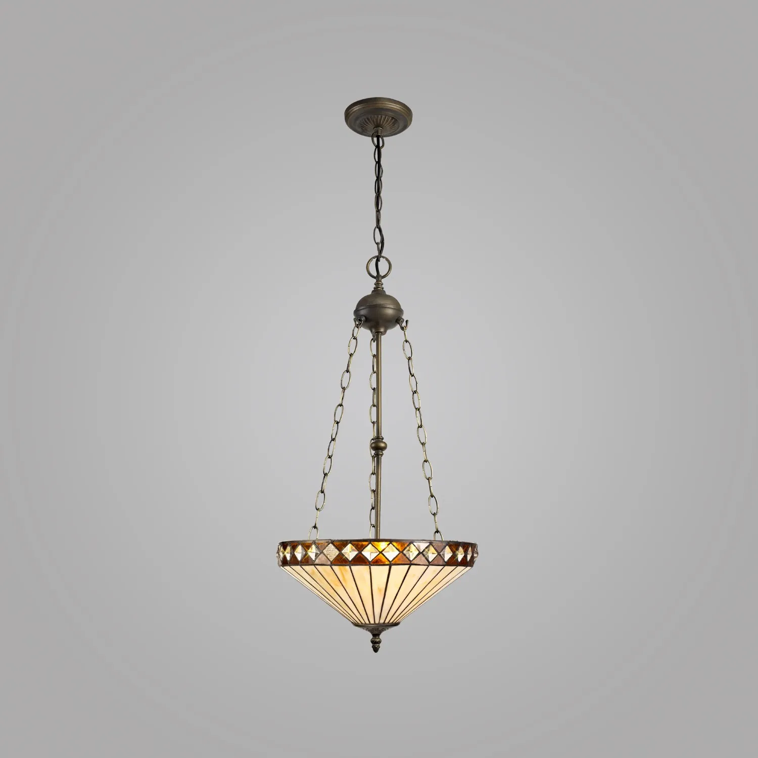 Rayleigh 3 Light Uplighter Pendant E27 With 40cm Tiffany Shade, Amber Cream Crystal Aged Antique Brass