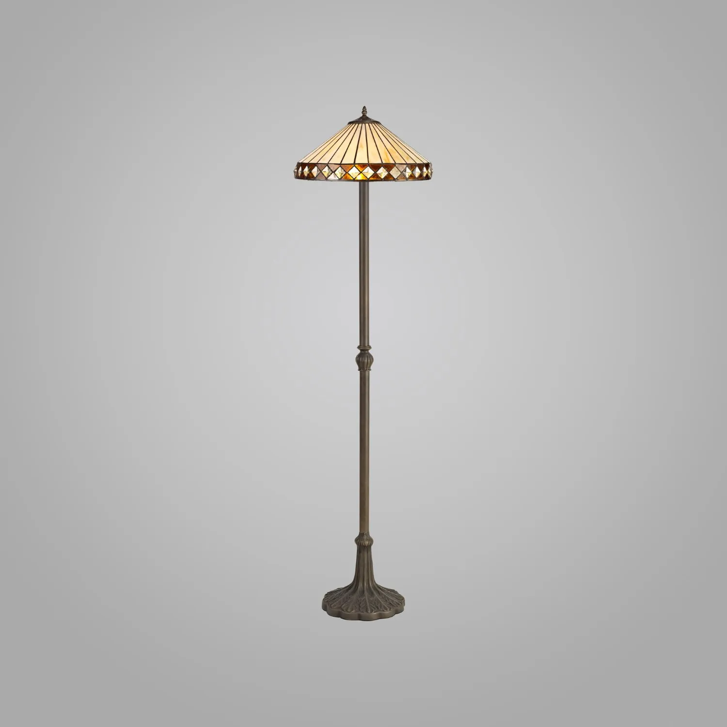 Rayleigh 2 Light Leaf Design Floor Lamp E27 With 40cm Tiffany Shade, Amber Cream Crystal Aged Antique Brass