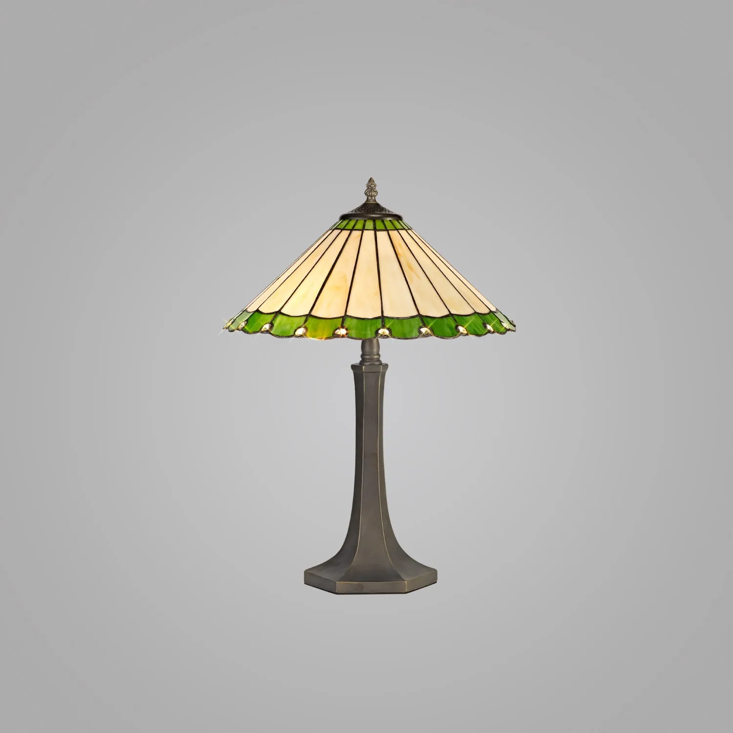 Ware 2 Light Octagonal Table Lamp E27 With 40cm Tiffany Shade, Green Cream Crystal Aged Antique Brass